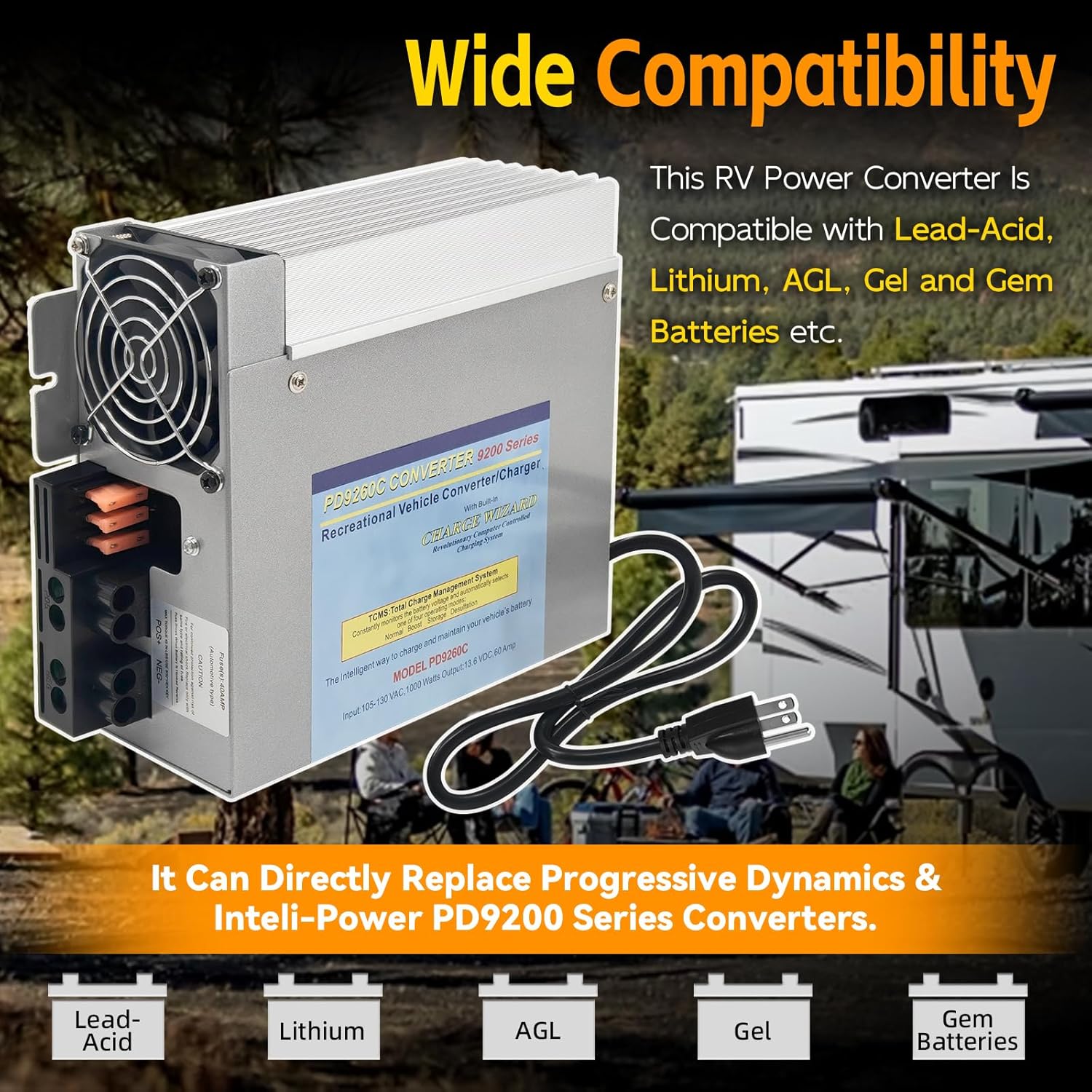 PD9260C 60 Amp RV Power Converter with Charge Wizard Replacement for Progressive Dynamics PD9260CV & Inteli-Power 9200 Series Converter/Charger, 120v to 12v Converter for RV Caravans Camper