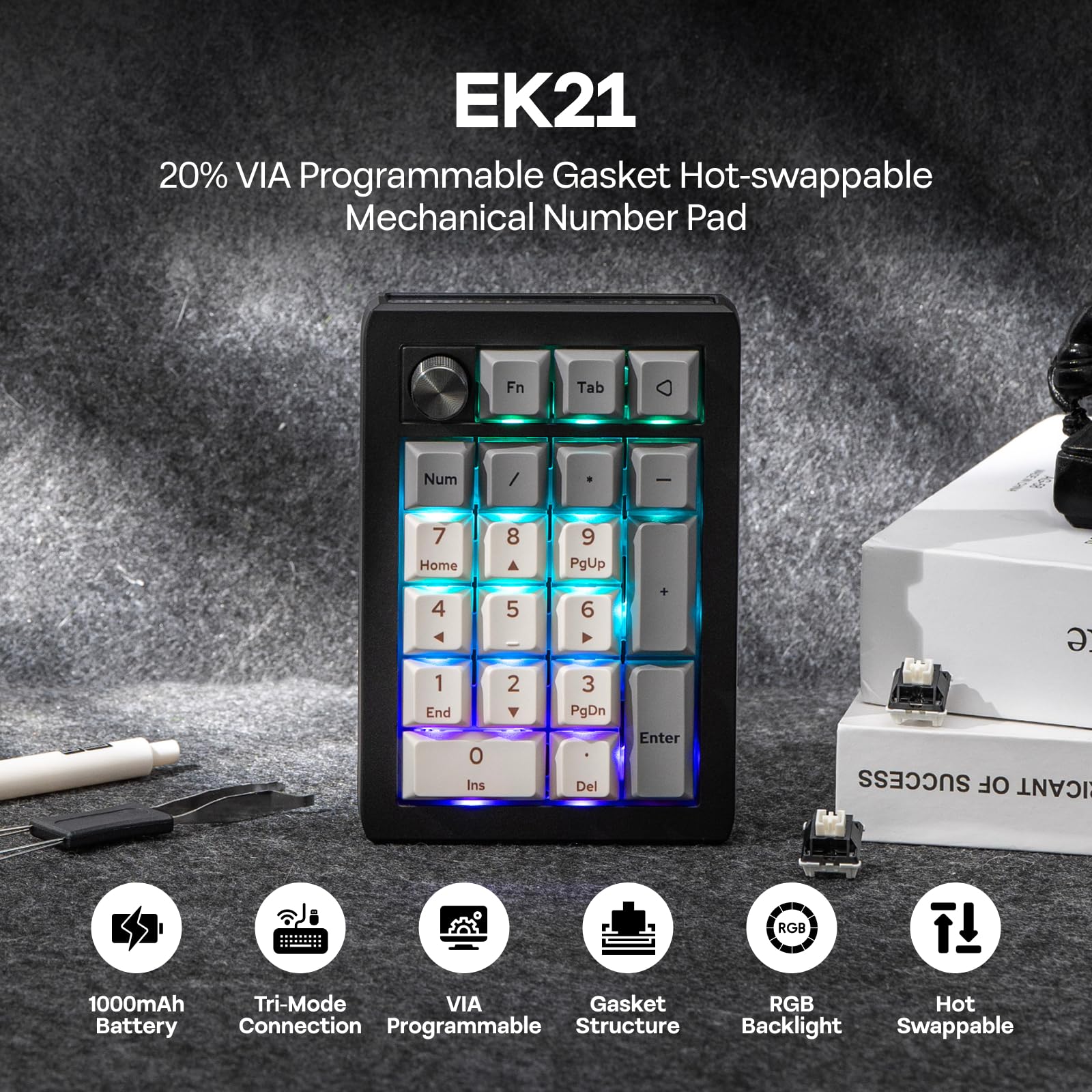 EPOMAKER EK21 VIA Gasket Tastierino Numerico con Batteria da 1000mAh, BT 5.0/2.4ghz/Wired Hot-Swap Numpad with Aluminum Alloy knob, Programmable for Win/Mac/Gaming (Nero, Zebra Linear Switch)