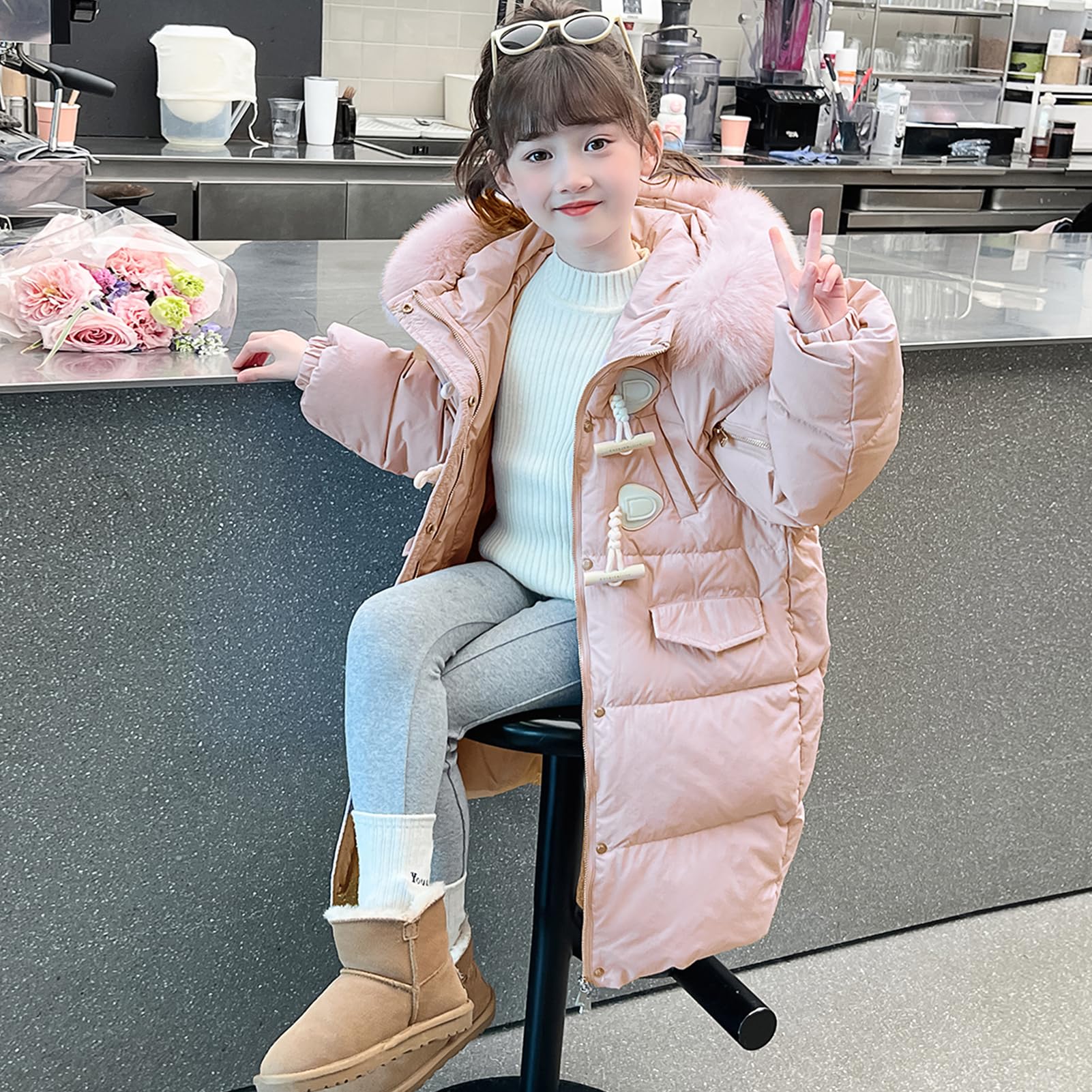 Bambina Giacca di Cotone Lunga Spessa Cappotto con Cappuccio di Pelliccia Giubbotto Trapuntato Antivento per Inverno