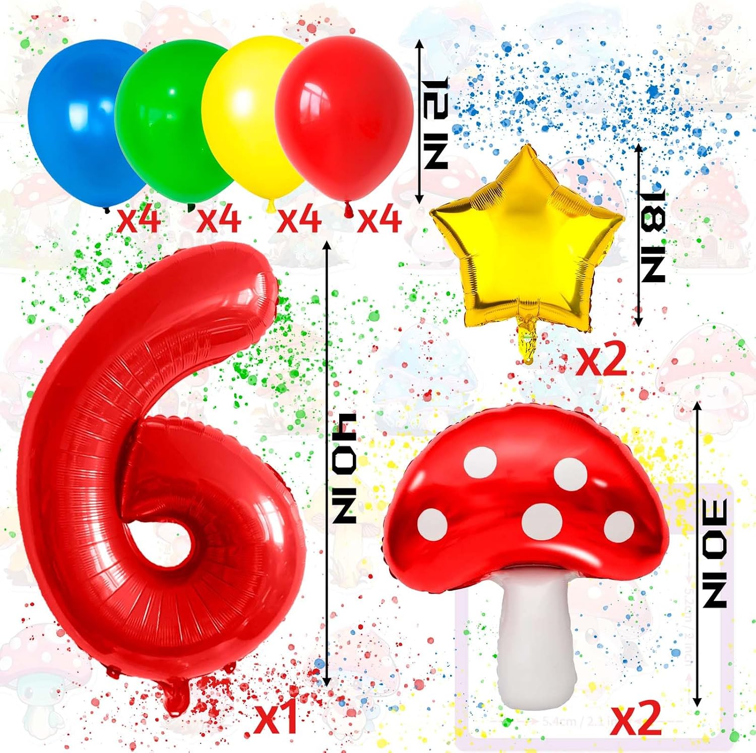 6 Balloon Number Red Blue Green Yellow Balloon Cartoon Mushroom Decorations Star Balloons for Birthday, Carnival, Party Activities, Cartoon Video Game Theme Party Supplies