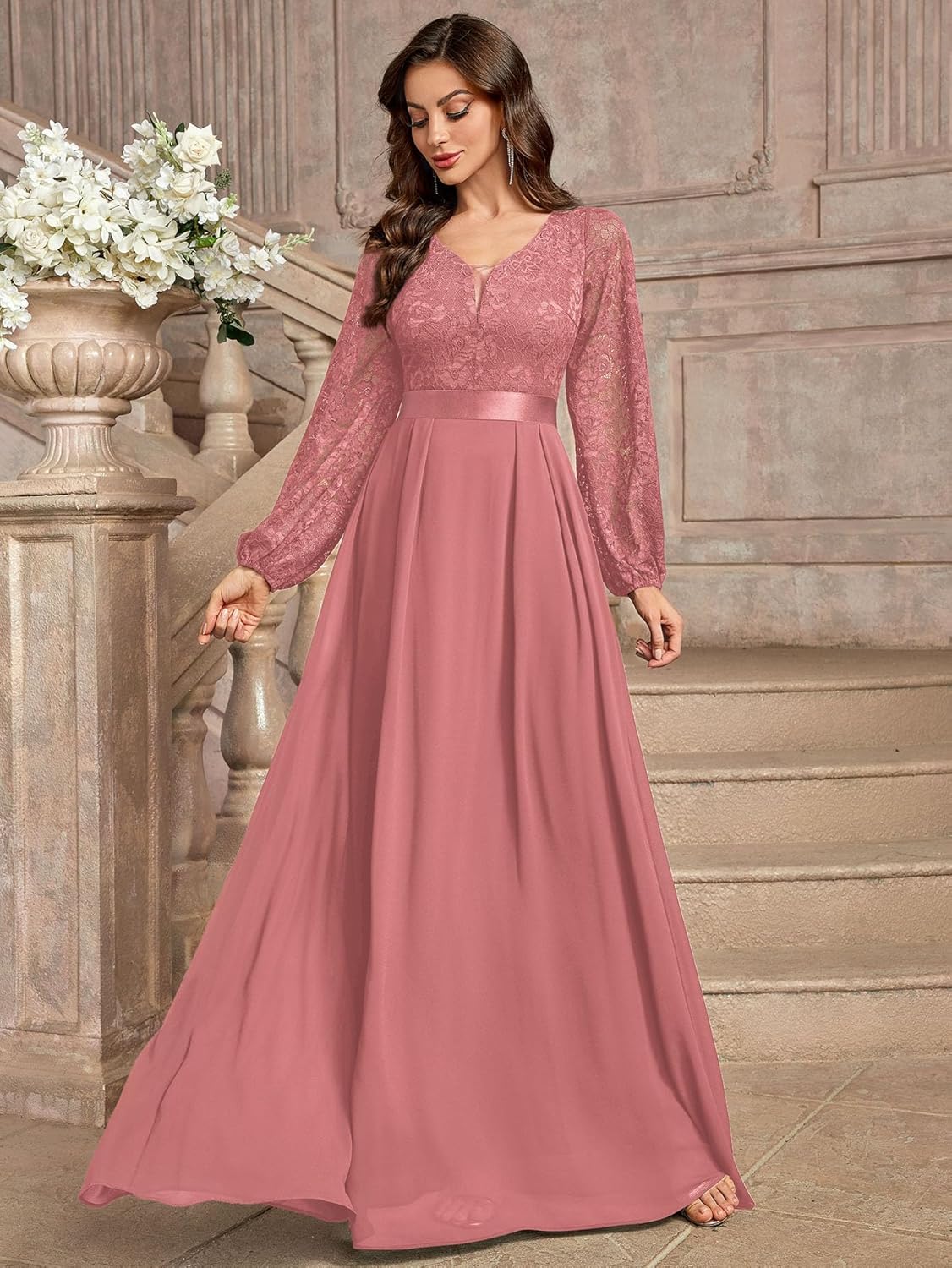 Miusol Women's Wedding Guest A-Line Dress Floral Lace Deep V Neck Long Sleeve Formal Evening Gown - Image 4