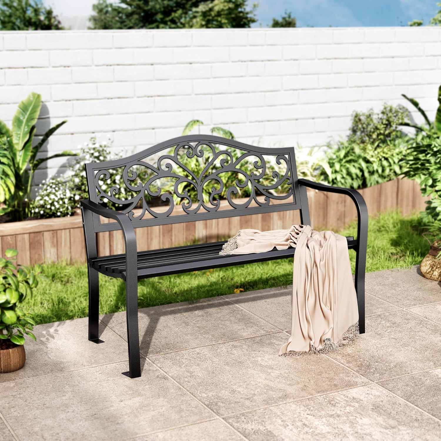 MFSTUDIO 43.7" Cast Iron Outdoor Garden Bench with Floral Pattern Backrest - Rust-Resistant Patio Park Seat for Porch, Black Camelback