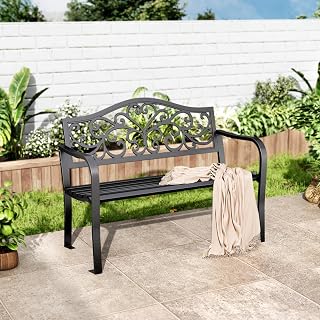 MFSTUDIO 43.7" Cast Iron Outdoor Garden Bench with Floral Pattern Backrest - Rust-Resistant Patio Park Seat for Porch, Black Camelback