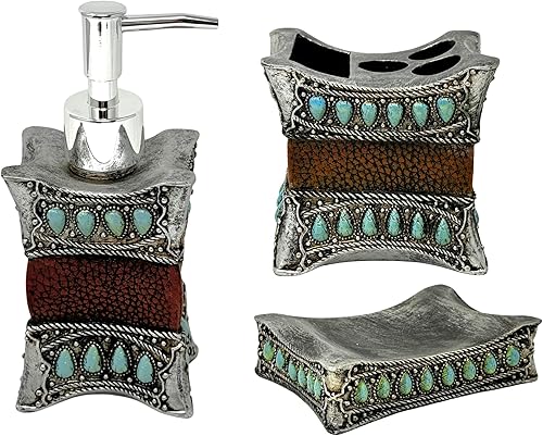 Juego de baño rústico de 3 piezas de piel sintética de resina decorativa con gema turquesa, botella de bomba, soporte para cepillos de dientes y