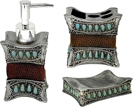 Decorative Resin Faux Leather with Turquoise Gem 3-Piece Rustic Bathroom Set - Pump Bottle,Toothbrush Holder,and Soap Dish-Southwestern Bathroom Decor