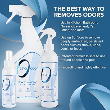 Zero Odor - Multi-Purpose Strong Odor Eliminator for Home, Office, Car, Bathroom, Hotel, Room Deodorizer, and Odor Neutralizer Kit | Odor Eliminator for Hotel, Bathroom, Basement, Trash & Upholstery, Fabric & Room Deodorizer - 22 oz, 8 oz and 4 oz