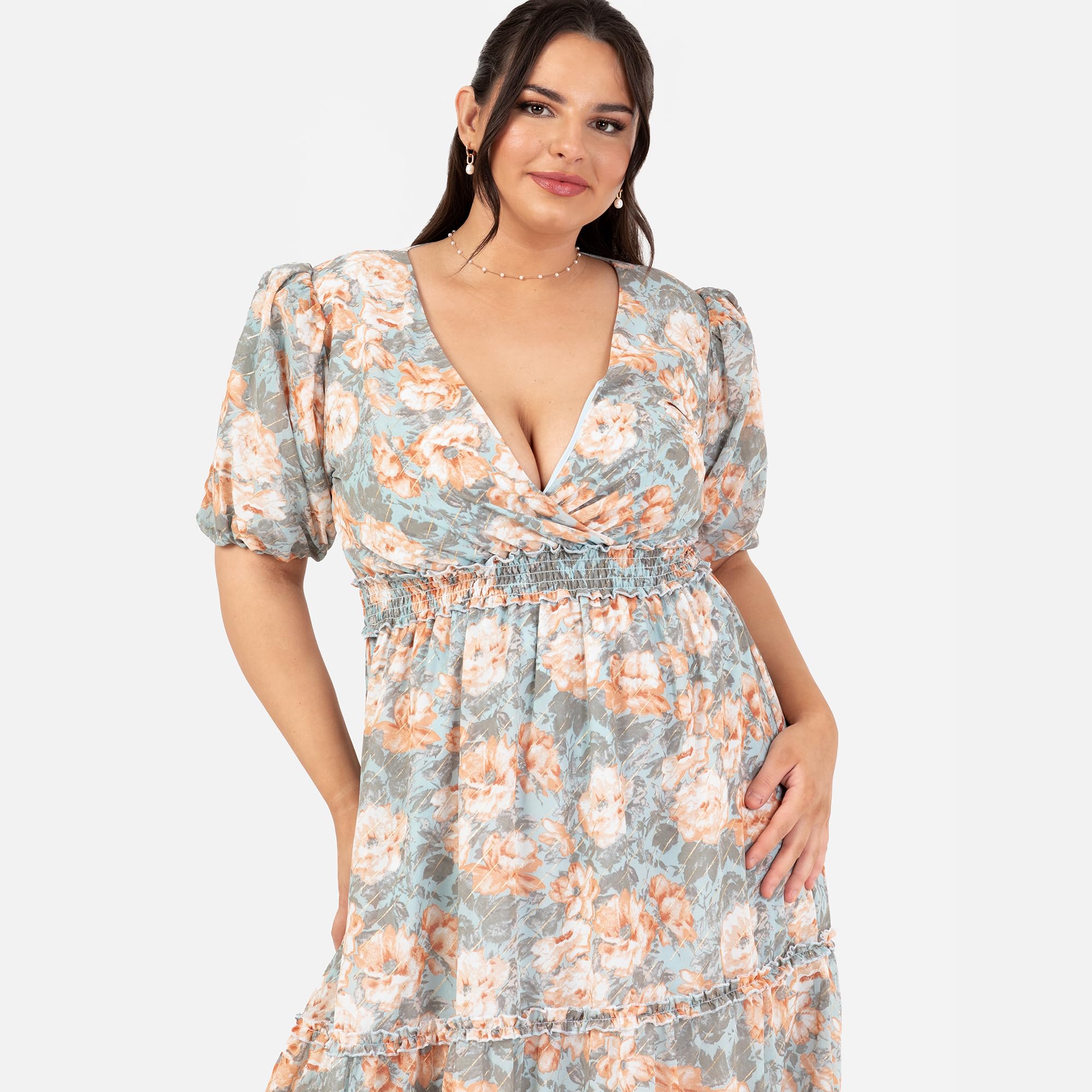 Lovedrobe Damska sukienka midi, dekolt w serek, krótki rękaw z nadrukiem, wzór kwiatowy Ruffle Fit and Flare Wedding Guest Apricot 40, morela, 40