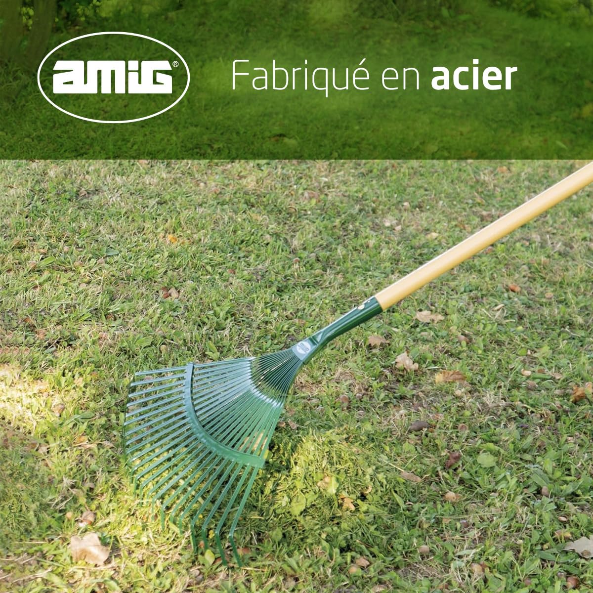 Amig - Miotła ogrodowa | Stal | Grabie z 22 płaskimi kolcami metalowymi i stałymi lamelami | Zbieranie, zbieranie liści i śladów trawnika | Zielony | Wymiary: 400 mm | Nie zawiera uchwytu