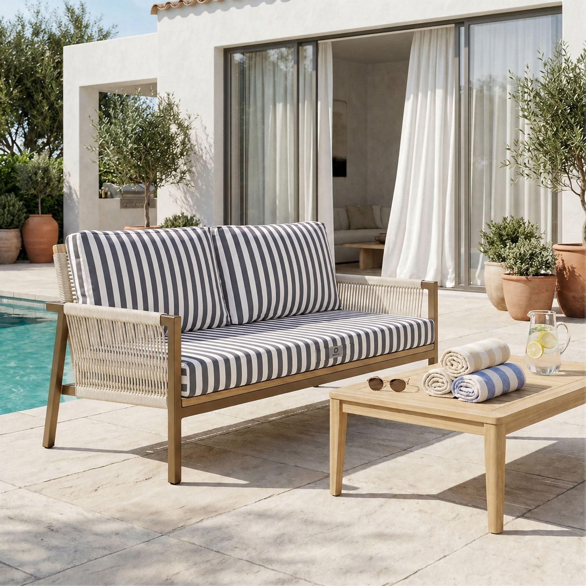 Déco Arts — Set de 3 Cojines Desenfundables Sofá Jardín 100x50 — Asiento 100x50 + 2 Respaldos 50x35 cm — Impermeable Anti-UV — Repuesto Muebles Jardín Terraza Balcón Porche — A Rayas Gris Oscuro