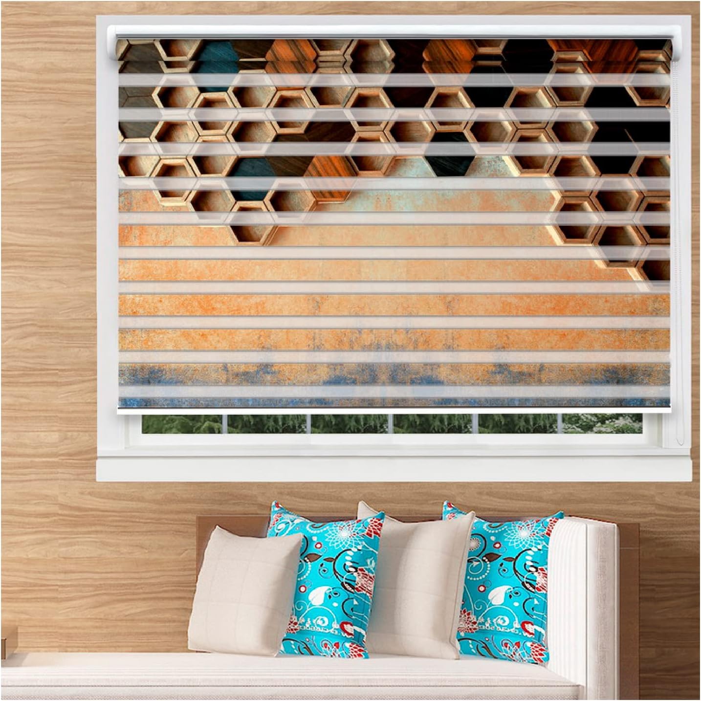 Kayra Decor Zebra Blinds for Windows and Doors with Dual Shade, Horizontal Stripes, Sheer and Solid Fabric, Day and Night Light Control Blinds for Home & Office (Customized Size, Wooden Design)