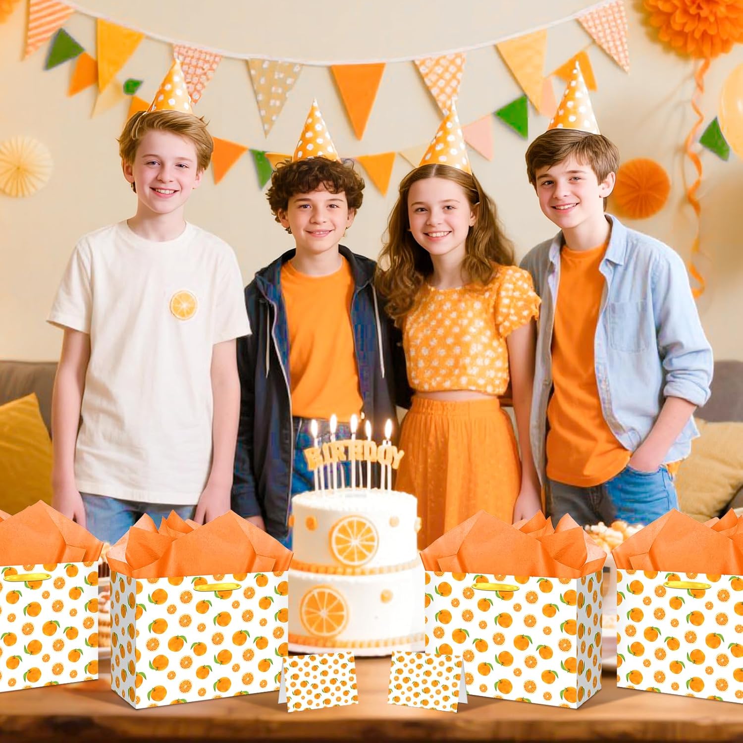 Little Cutie Party Gift Bag Orange Wrapping Paper with Tissue Paper Greeting Card Fruit Theme Birthday Party Treat Goodie Bag for Little Cutie Baby Shower Decorations Wedding Birthday Summer Party - Image 3