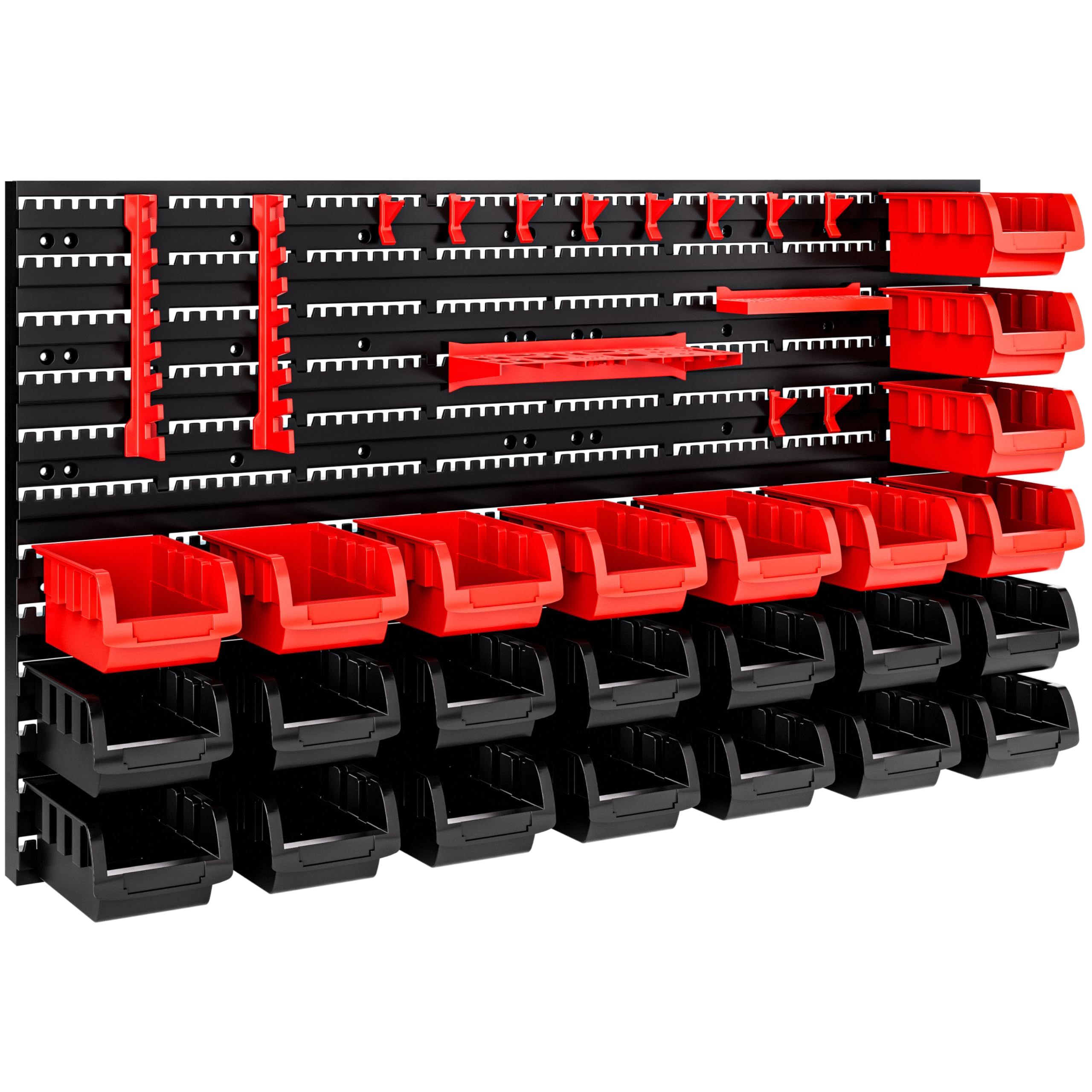 Deuba MONZANA® Tool Rack Garage | Wall Storage System | Plastic Bins Storage Kit | 43 Pcs | Tools Organiser Home Shelves Unit | Stackable Pegboard Boxes | Red & Black