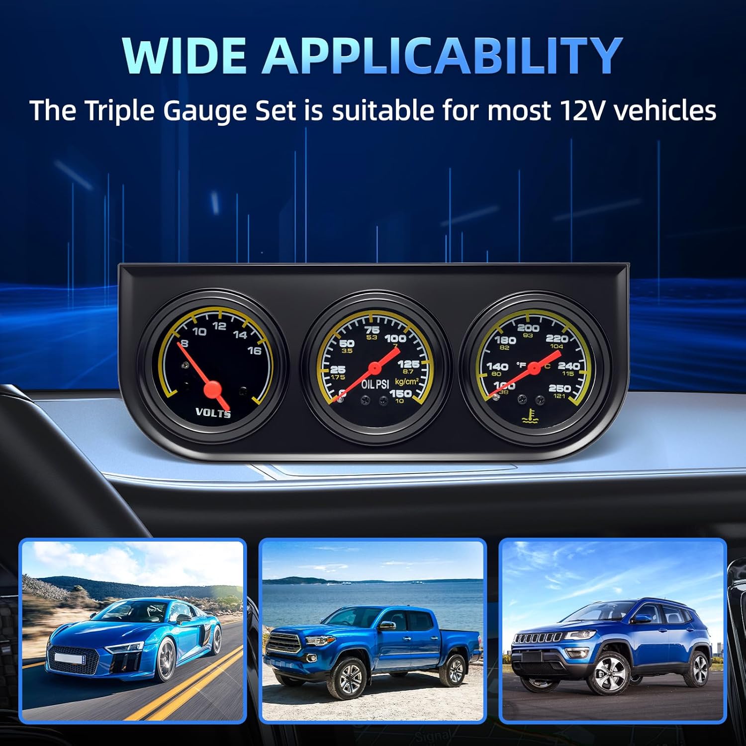 MH 2inch 52mm Triple Gauge Set, Oil Pressure Gauge (0-150PSI) Water Temperature (100°F-280°F) Voltmeter Car Auto 3 Gauges kit