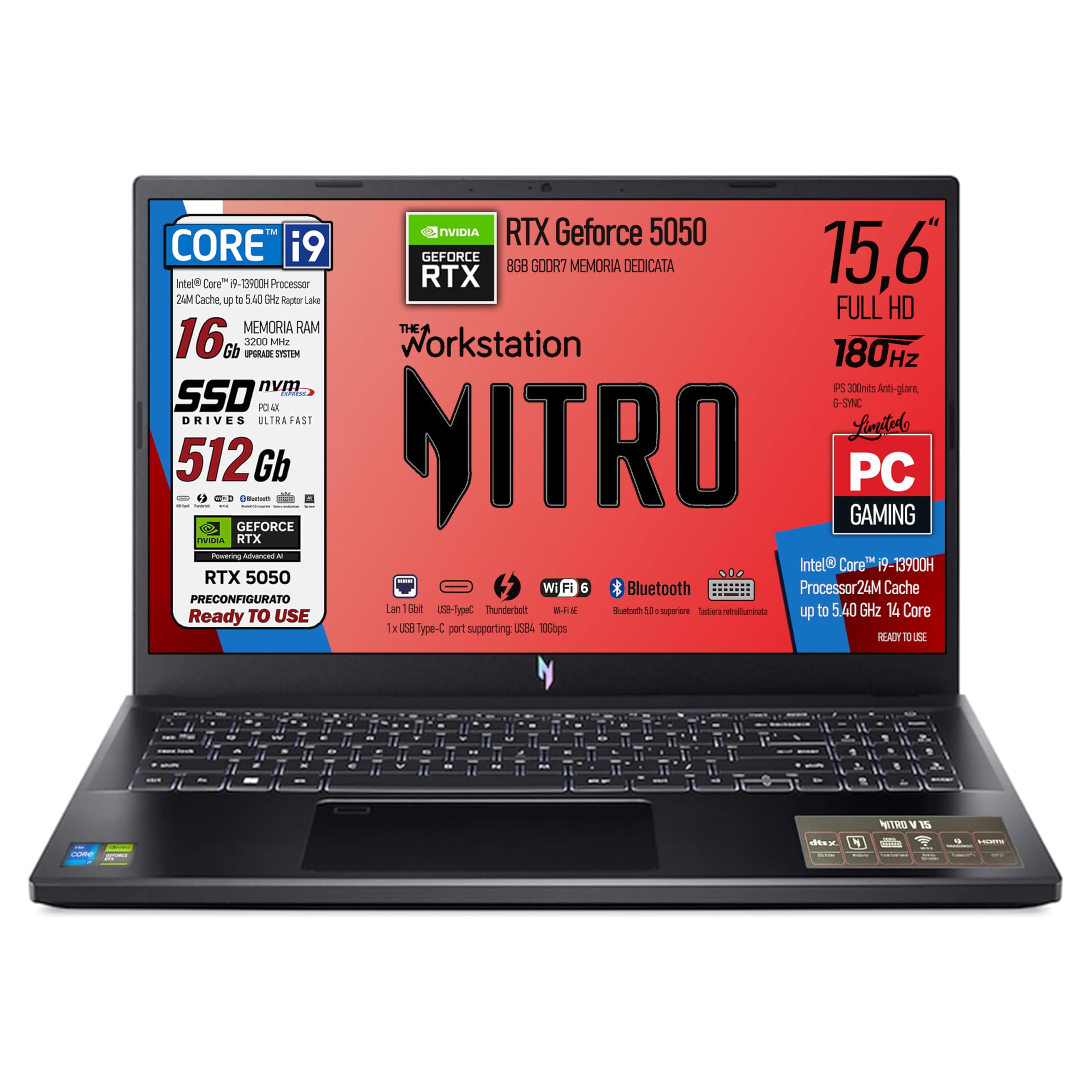 Acer Nitro Notebook Gaming Intel Core i9 13900H Display 15,6" FHD IPS 180Hz | Ram 16GB, SSD 512GB, 180Hz, NVIDIA GeForce RTX 5050 8GB GDDR7, Tastiera Retroilluminata, ready to Use, Include alimentatore
