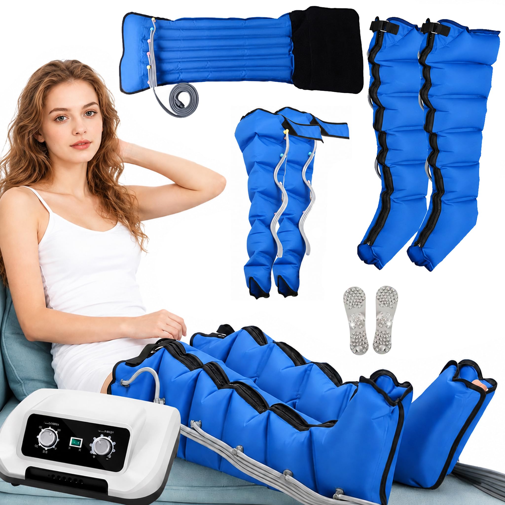 Maquina Presoterapia para Casa, 6 Cámaras (Azul Perneras, Faja y Brazo, M)