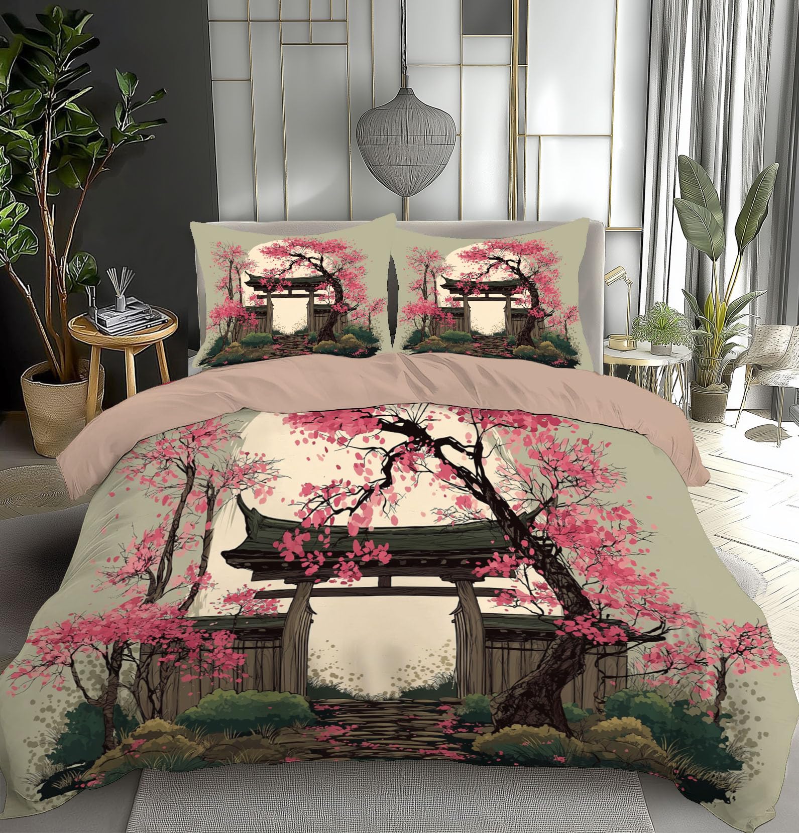 Parure de couette japonais 200x200 motif architecture gris vert