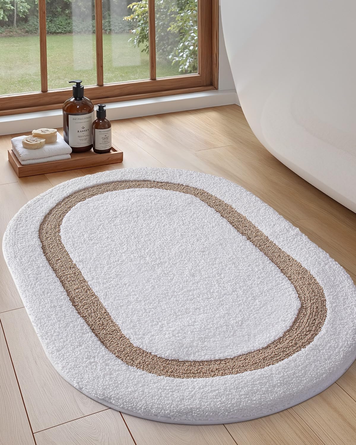 LUMI White Bath Mat Oval Bathroom Rug,17″x30″ Non Slip Washable Bathroom Mats, Premium Water Absorbent Bath Rug for Accessories Decor, White and Beige LUMI White Bath Mat Oval Bathroom Rug,17″x30″ Non Slip Washable Bathroom Mats, Premium Water Absorbent Bath Rug for Accessories Decor, White and Beige