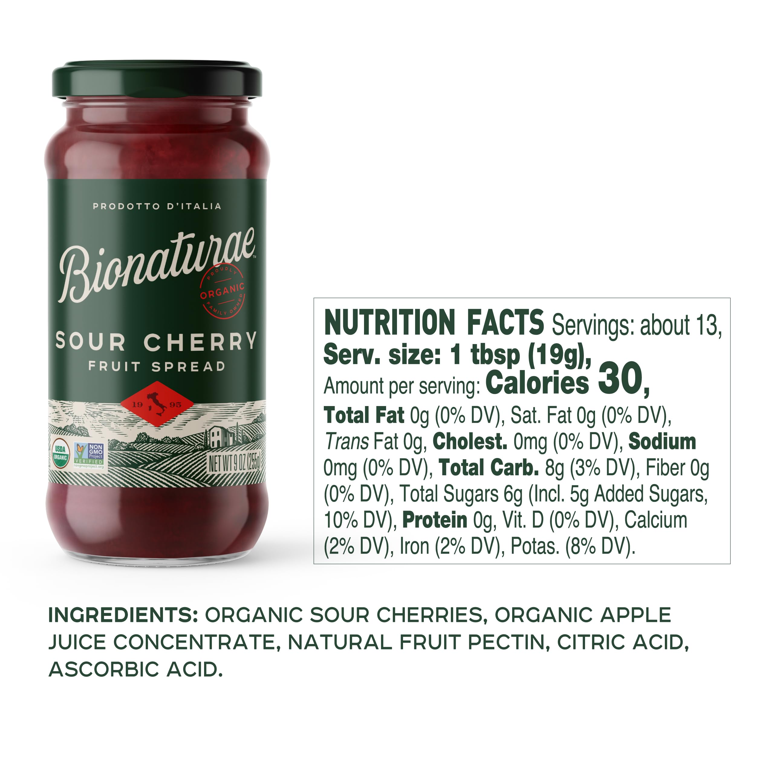 Bionaturae Organic Sour Cherry Fruit Spread, Jelly Organic, 9 Oz