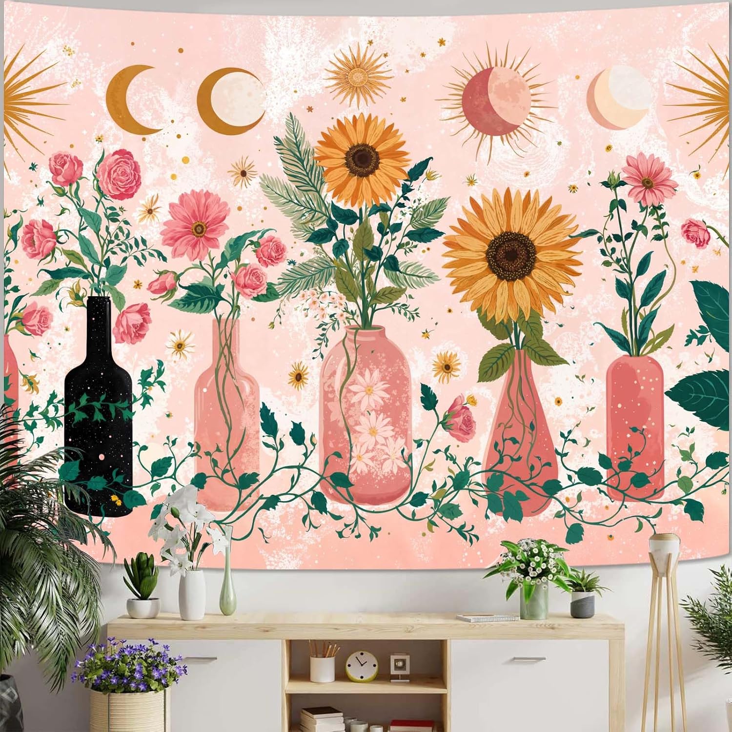 CKM-WOYIN Floral Tapestry Plant Pink Retro Vases Sunflower & Rose Tapestries for Bedroom Aesthetic Room Decor Tapestries Wall Hanging for Living Room, Bedroom, Dorm (Pink 2, 48''×36'')