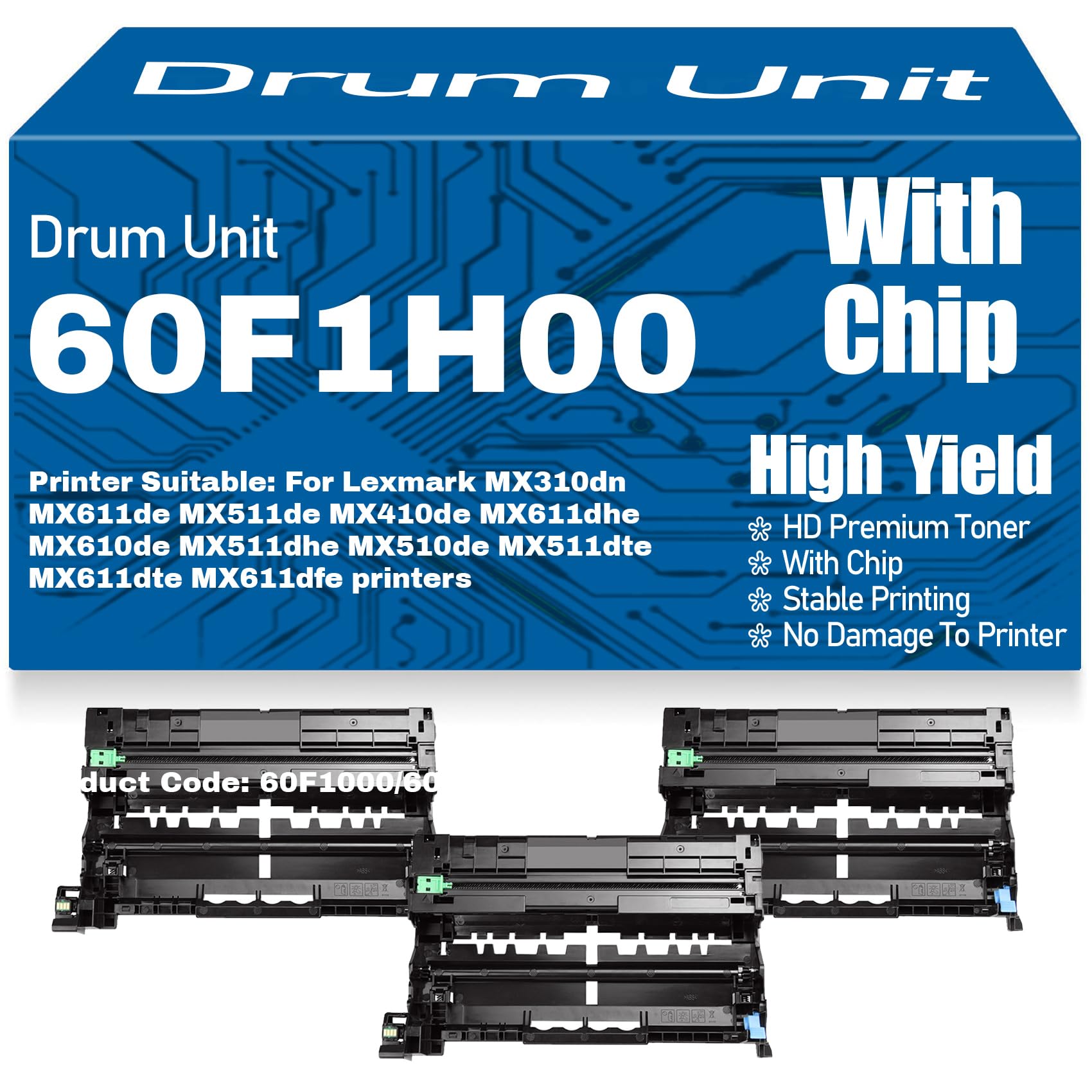 Compatibile 60F1H00 Unità tamburo di stampa per Lexmark MX310dn MX611de MX511de MX410de MX611dhe MX610de MX511dhe MX510de MX511dte MX611dte MX611dfe Stampanti,3PC-Black