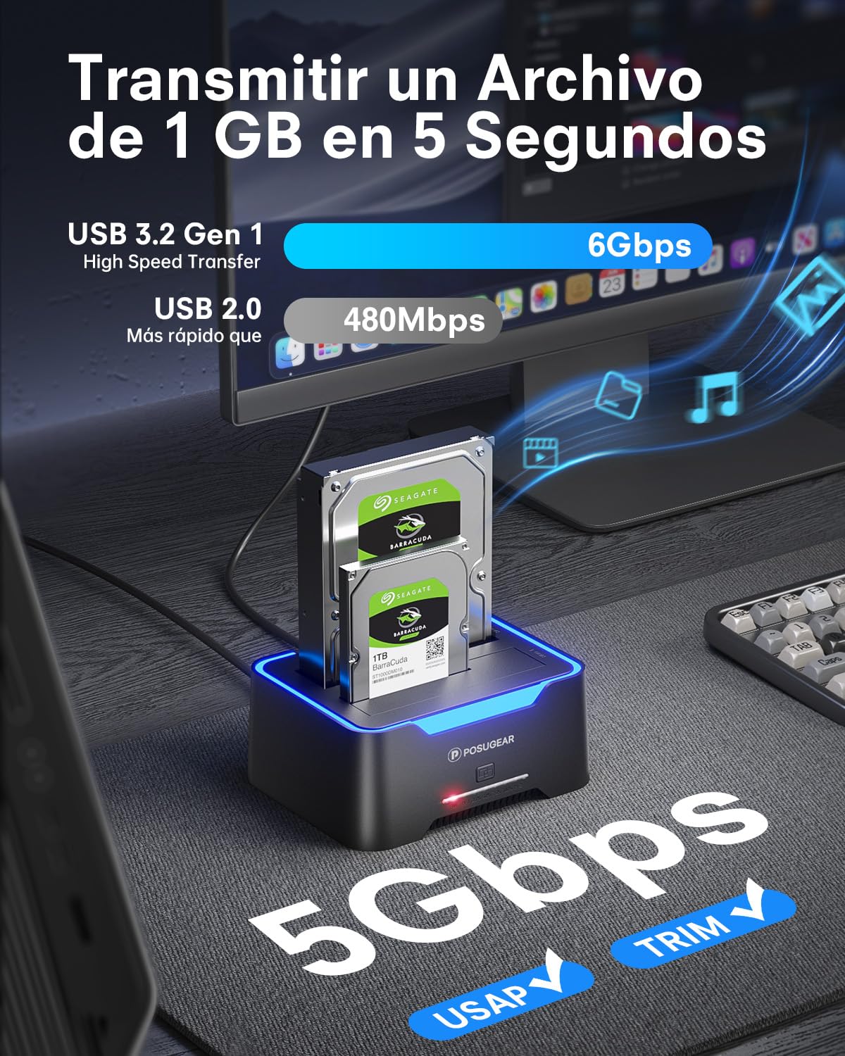 POSUGEAR Estación de Acoplamiento de Disco Duro USB 3.2 Gen 1 Base de Conexión para SATA HDD/SSD de 2.5"/3.5", Doble Bahía, Soporte de Clones Fuera de Línea, hasta 40 TB con UASP