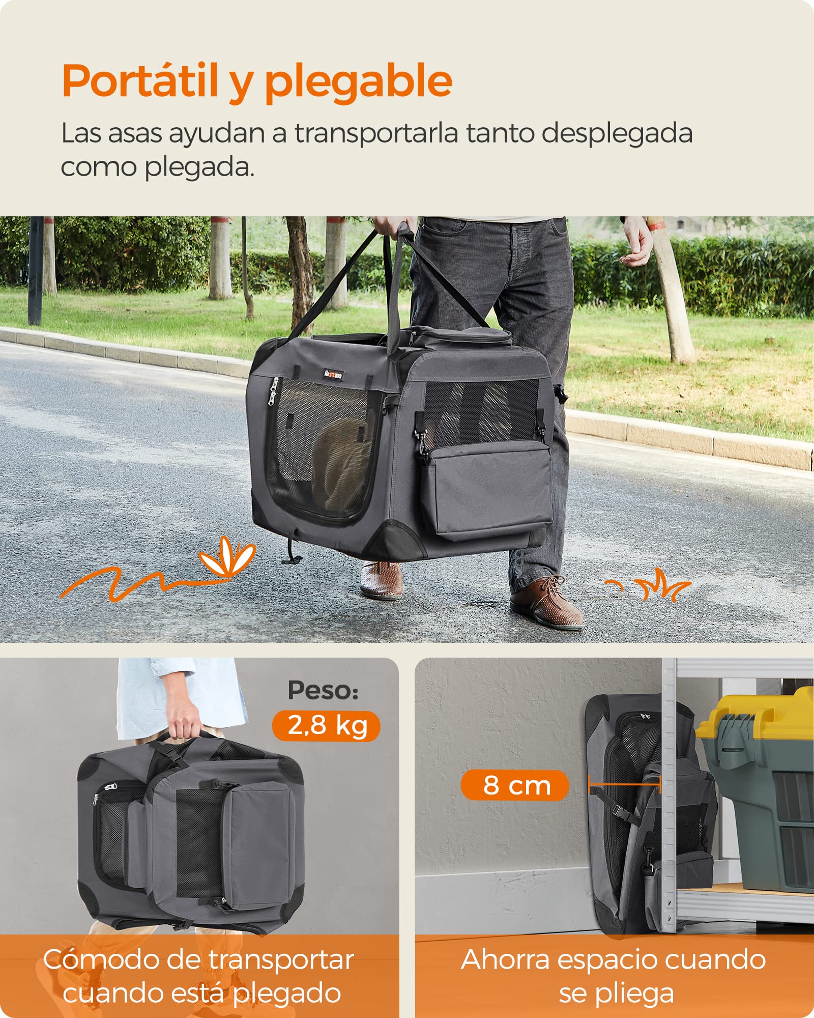 FEANDREA Transportín para Gatos y Perros, Plegable, Tamaño M, Tela Oxford, Malla Transpirable, Portátil, Marco Metálico, con Asas y Bolsillos, 60 x 42 x 42 cm, Gris PDC60GY