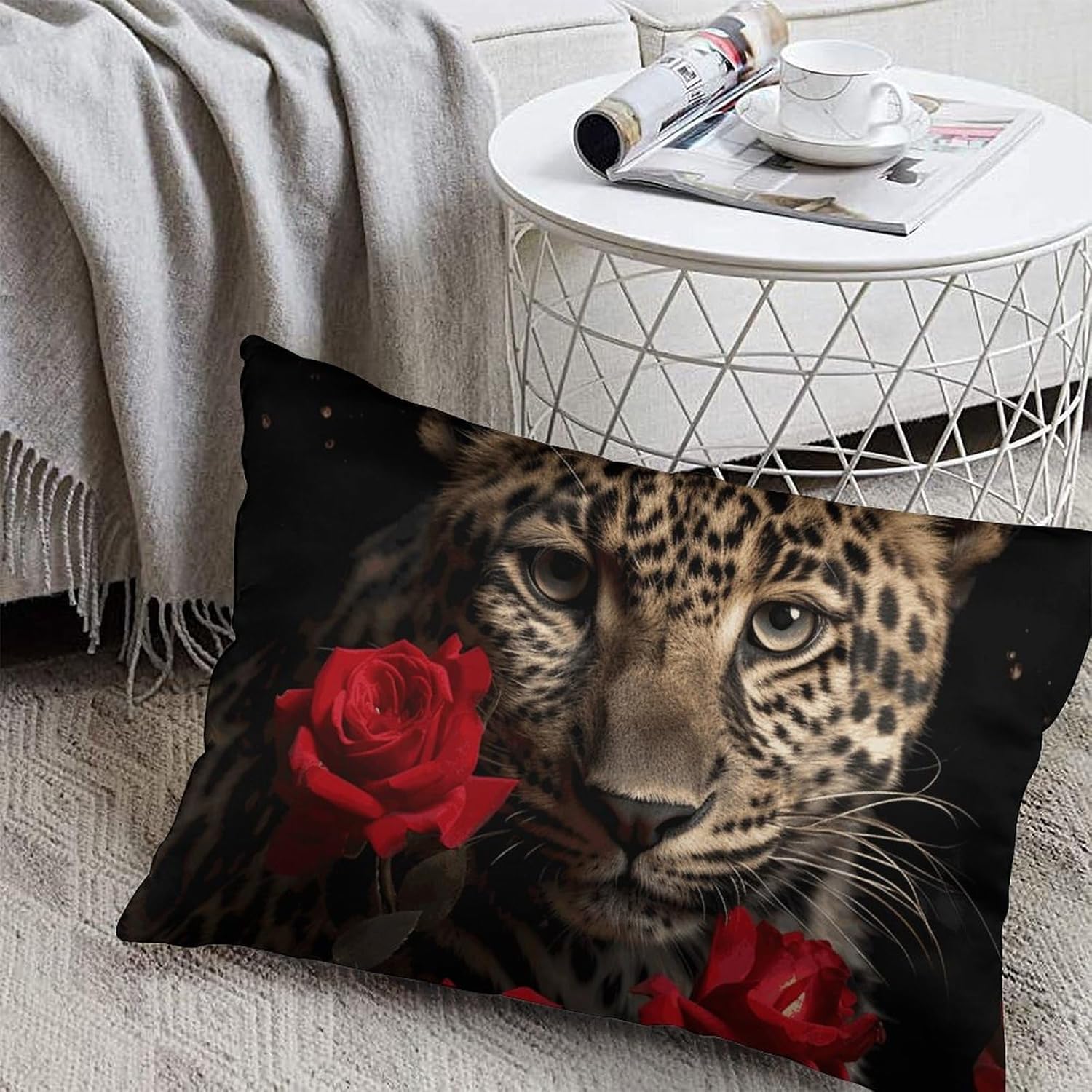 Rose Leopard Pillow Cases Queen Size Set of 1 Soft Comfortable Throw Pillows Covers Decorative Pillowcase with Zipper Bed Cushion Covers for Couch Sofa Bedroom 12 "x20