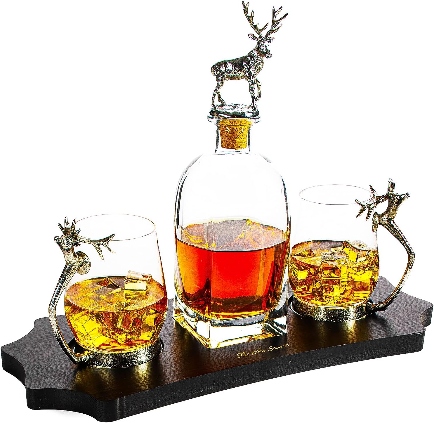 Stag Antler Decanter Set with 2 Stag Glasses - Antique Pewter Whiskey Decanter Set Elegant Liquor Decanter Gift Set for Bar by The Wine Savant - Luxury Decanter for Bourbon, Scotch, or Whiskey 750ml