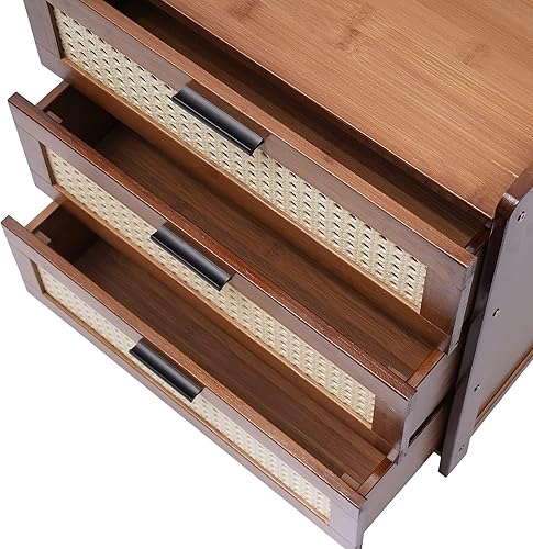 Miniatura 6 de Mesita de noche de bambú natural con 3 cajones, mesa auxiliar de mediados de siglo, para dormitorio, sala de estar, entrada, color marrón oscuro