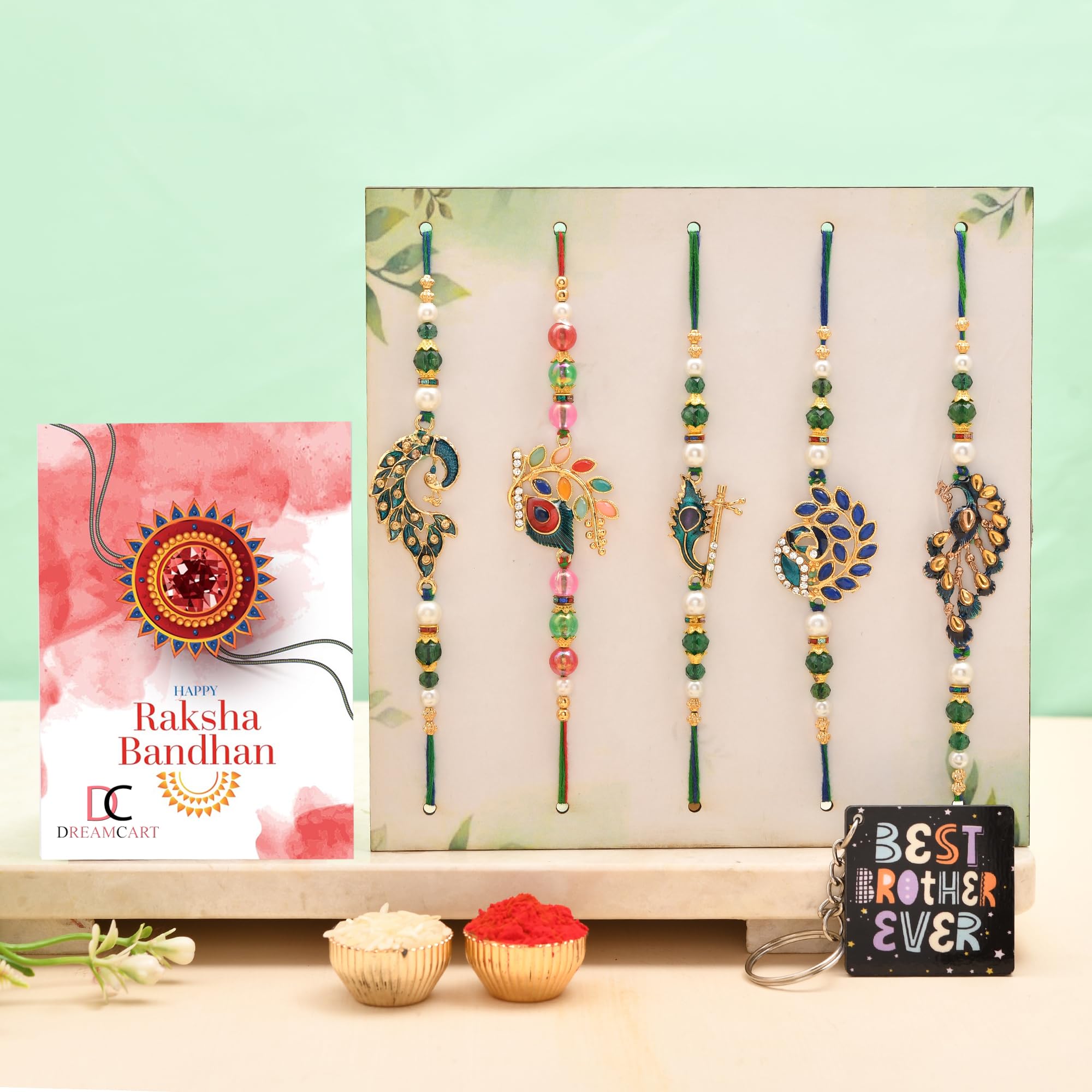 Set of 5 Peacock & Krishna Flute Designer Rakhis for Brother with Greeting Card, Roli Chawal, and 'Best Brother Ever' Keychain | Premium Multicolor Meenakari Rakhi Combo Pack for Rakshabandhan-image-39