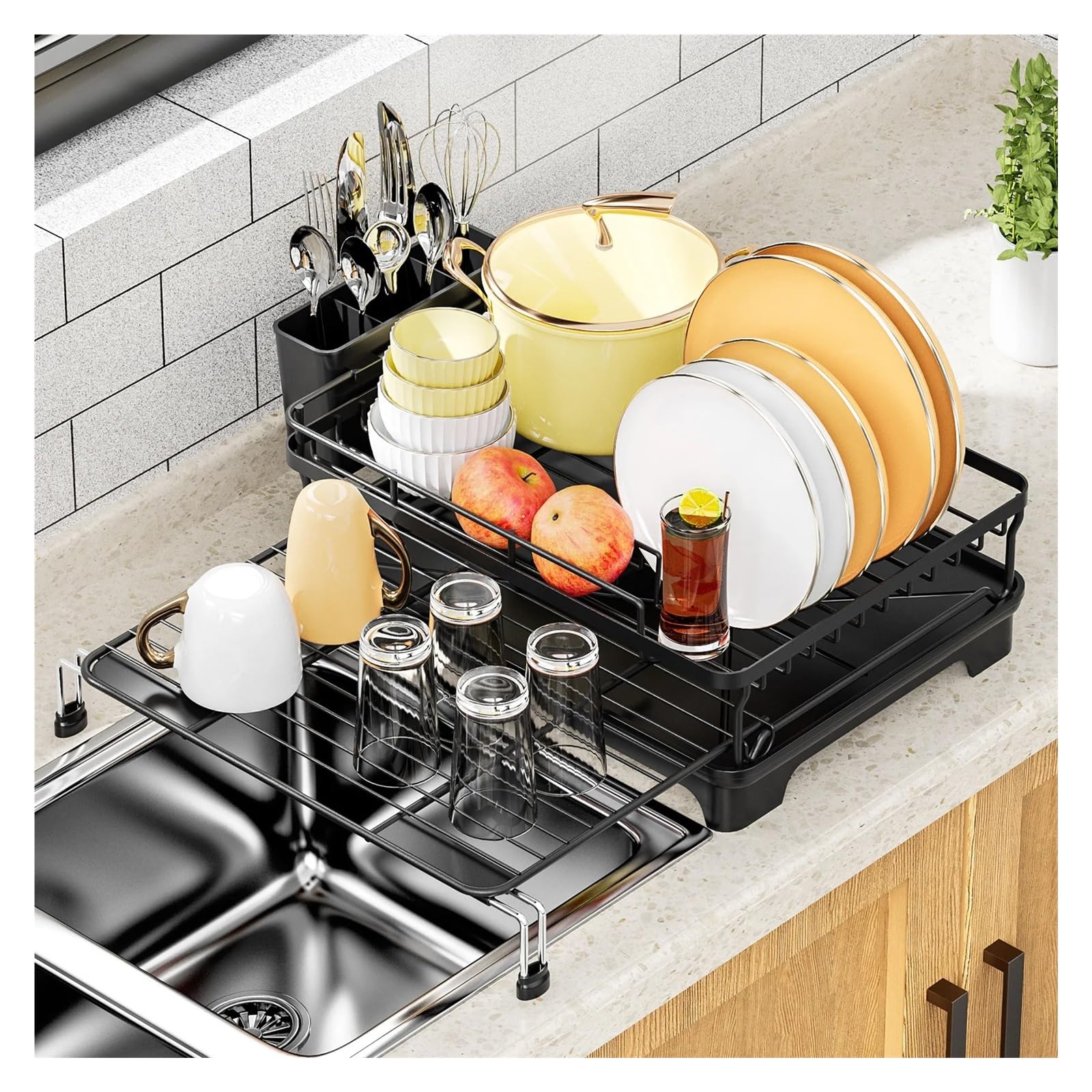 Grande scolapiatti espandibile, scolapiatti regolabile in acciaio inox, organizer salvaspazio per piatti e utensili, soluzione durevole per riporre gli utensili in cucina