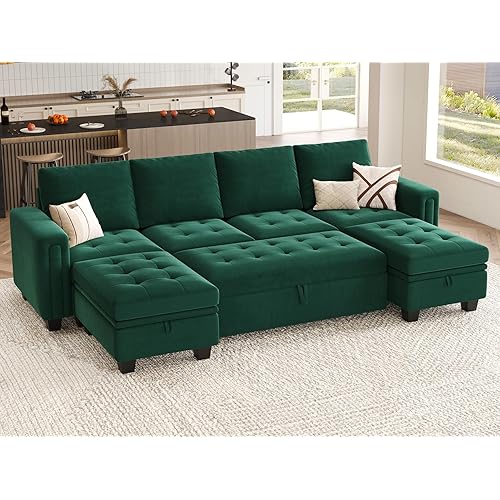 Belffin Modular Sectional Sleeper Sofa with Pull Out Bed Velvet Convertible U Shaped Sectional Sofa Couch with Storage Chaises for Living Room Green