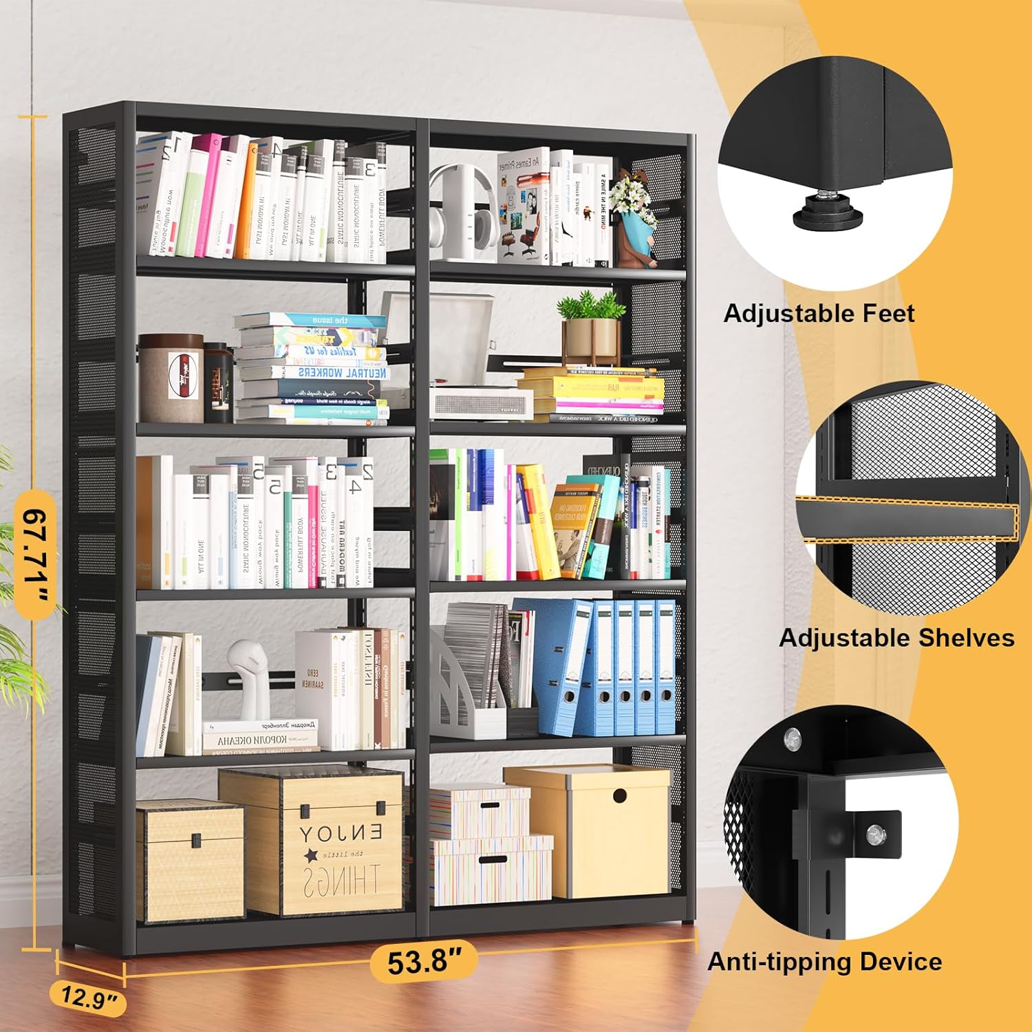 68''Tall Book Shelf, 5-Tier Bookshelves and Bookcases, Modern Stoage Bookshelf Organizer, Metal Display Shelf with Adjust Shelves（ 1 Main Shelf and 1 Sub-Shelf）