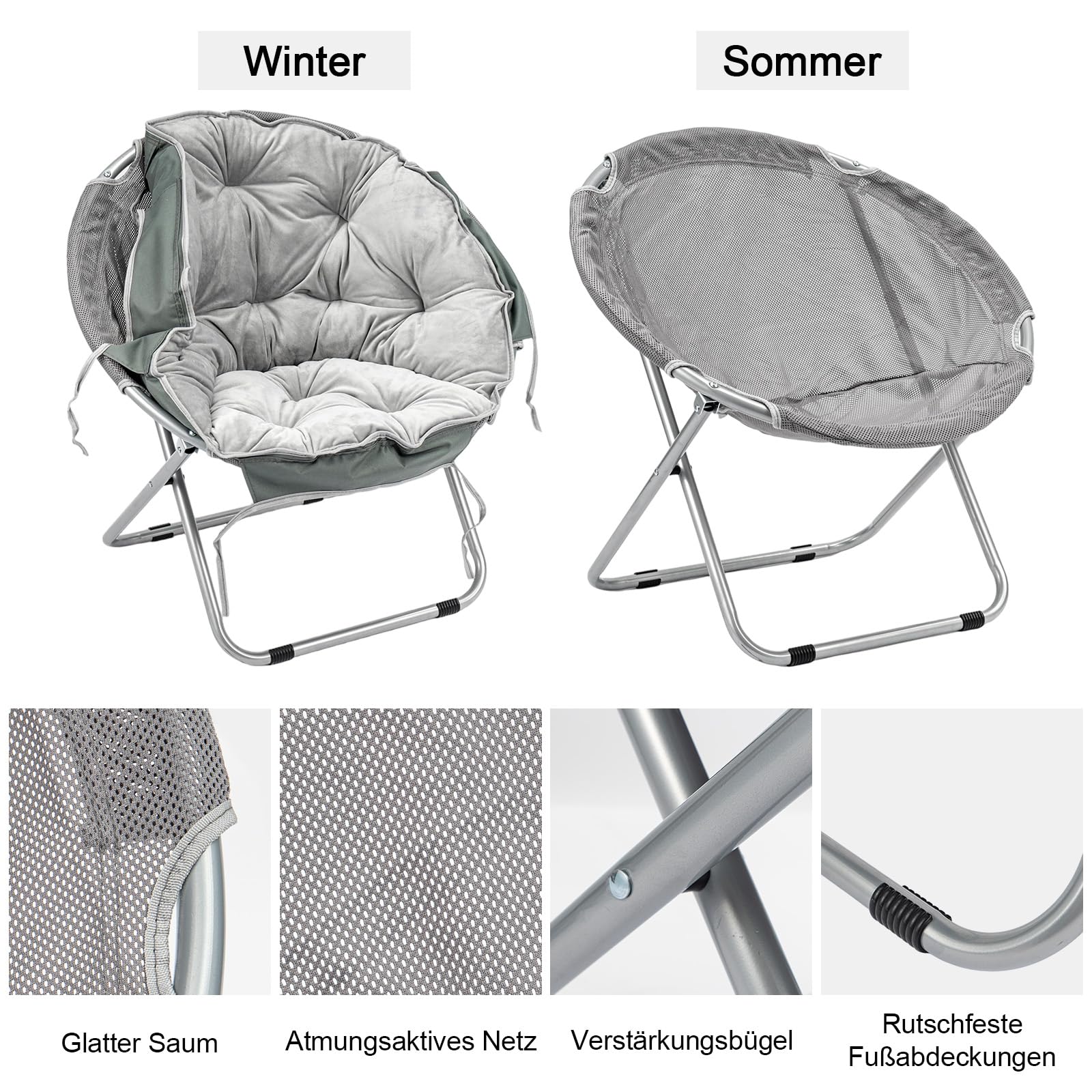 Sessel Mondförmiger Klappstuhl Runder Lesesessel Mit Eisenbeinen Loungesessel Bequemer Sessel Zum Lesen Im Wohn-Und Schlafzimmer Plüsch Grau (Gray)