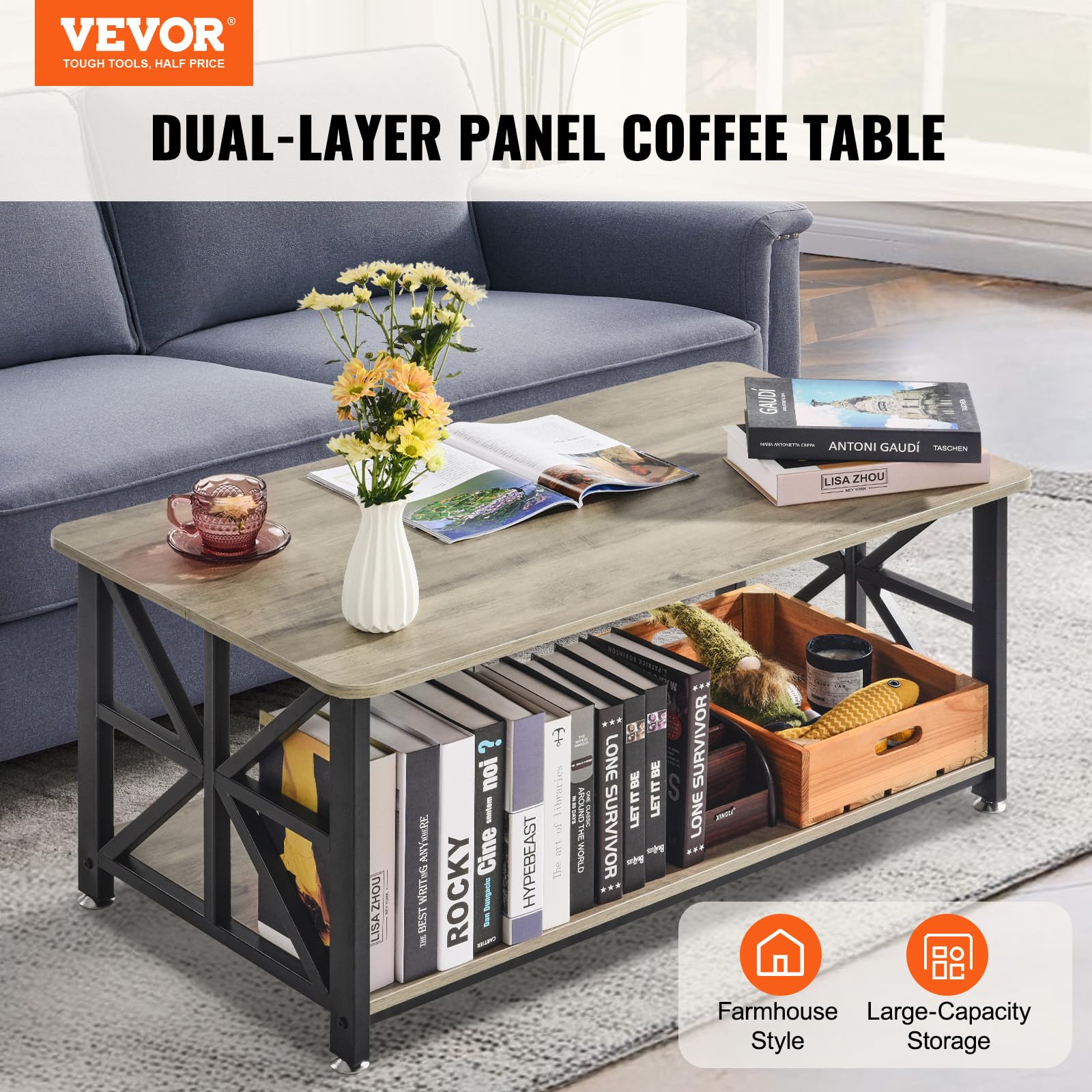 VEVOR Mesa de Centro Rústica de 1000 x 500 x 465 mm, Mesa de Centro Rectangular con Compartimento de Almacenamiento Abierto Mesa de Madera para Sala de Estar, Apartamento, Dormitorio, Marrón y Negro