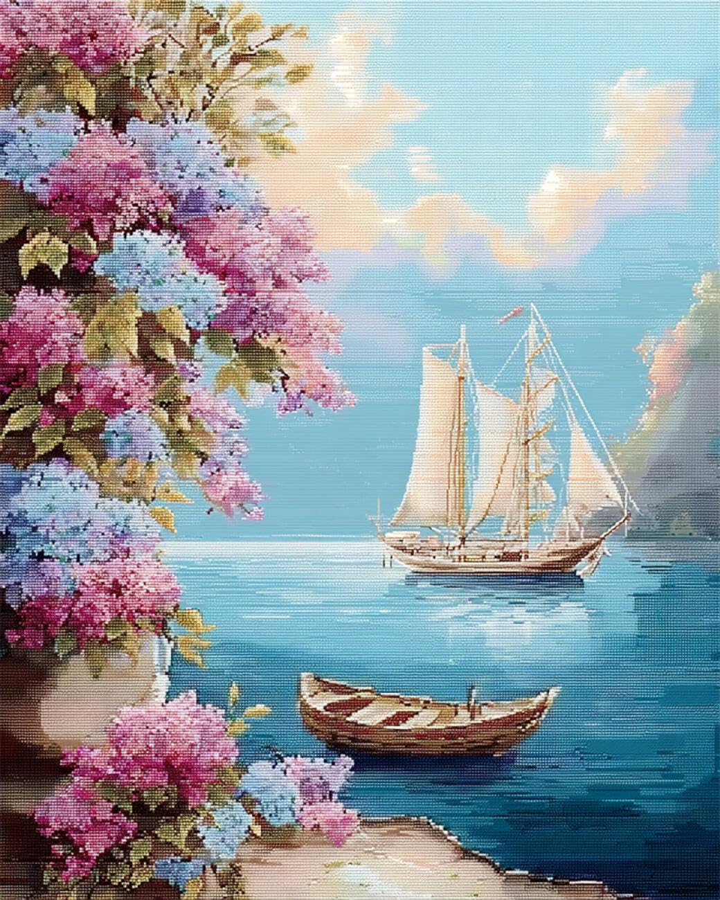 RKFLGEW DIY Bead Embroidery Kits Flowers and Boats 30x40cm
