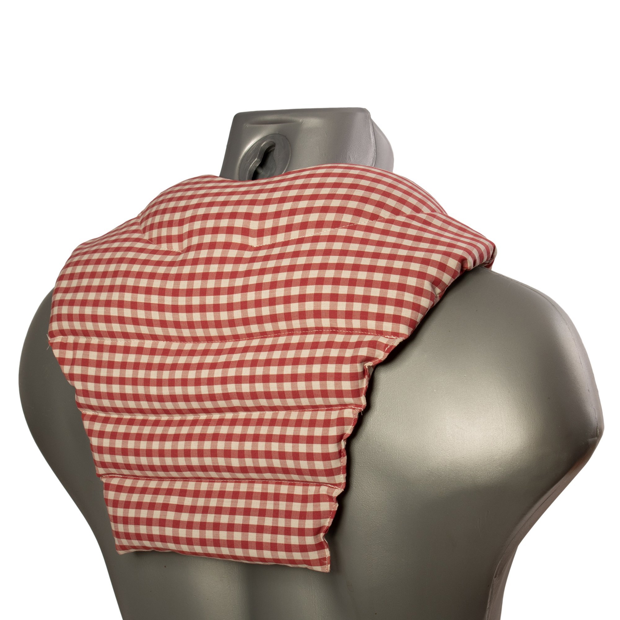 Cuscino cervicale bio compartimentati con parte dorsale - Tessuto bio rosso e bianco a quadri - semi di farro bio - Riempimento bio + Tessuto bio - Cuscino termico per collo e schiena