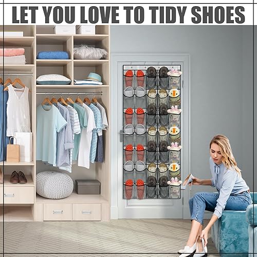 Miniatura 4 de Windyun Organizador de zapatos para colgar sobre la puerta, 2 unidades, 70 unidades, para armario, bolsillos de malla gris detrás de la puerta,