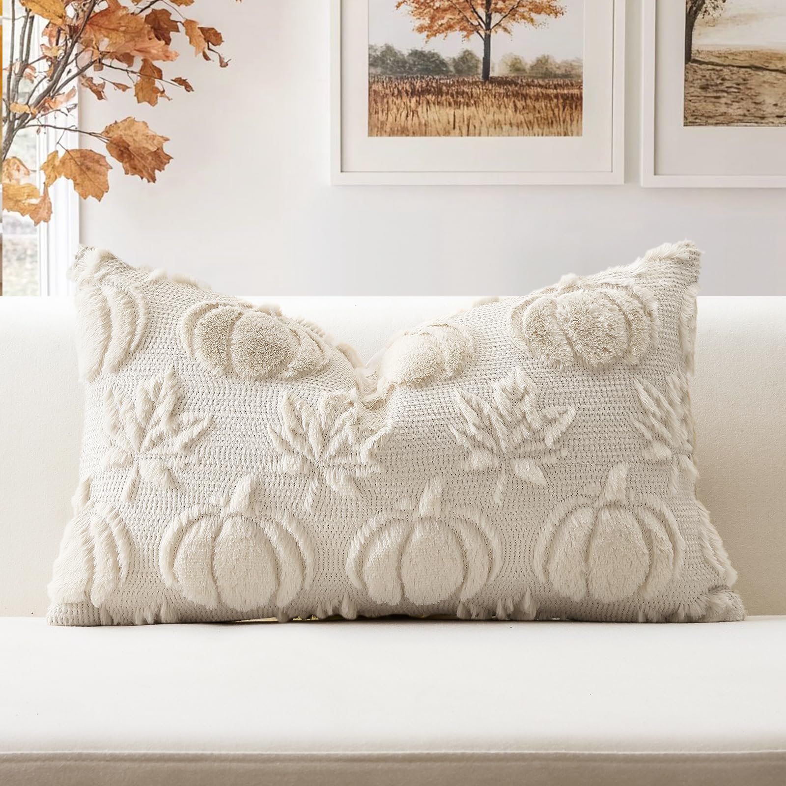 Artscope Fall Cushion Cover Set of 1 Autumn Pumpkin Maple Leaves Throw Pillow Covers for Sofa Couch Bed Living Room Soft Plush Short Wool Velvet Pillowcase for Halloween 30x50cm Cream Beige