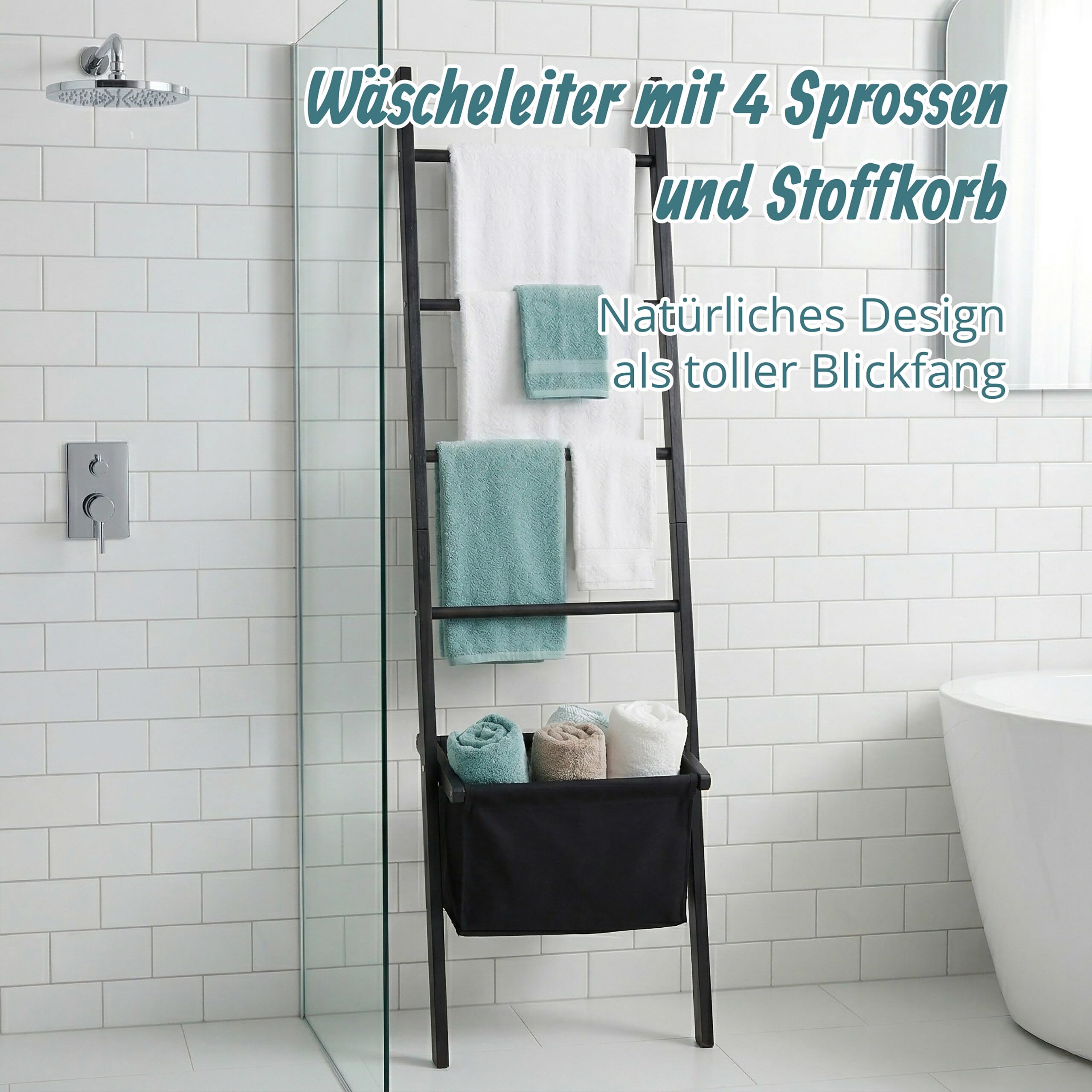 Relaxdays Handtuchleiter, 4 Sprossen, Wäschekorb, HxB: 170 x 50 cm, schwarz