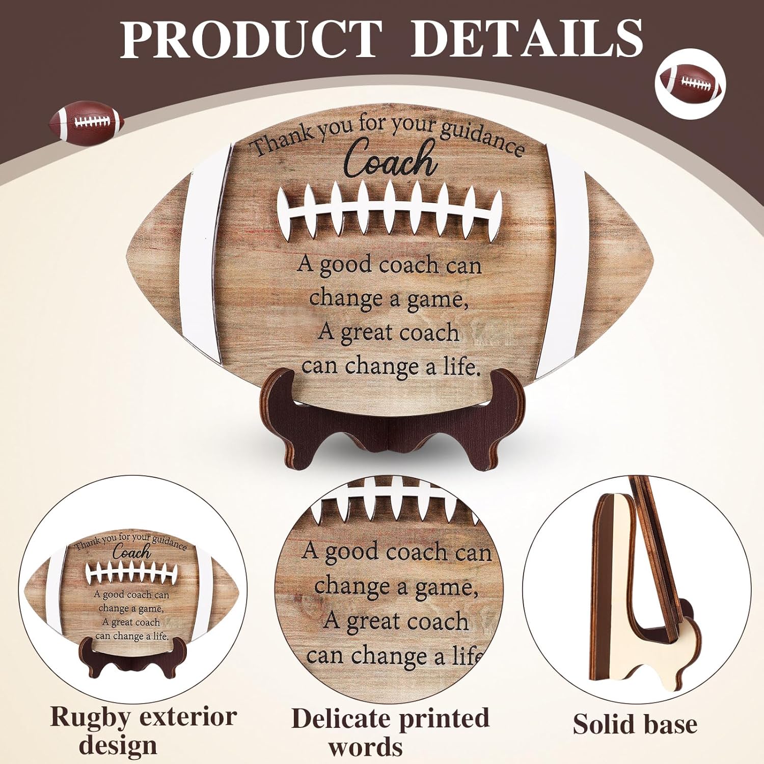Yousoontic 4 Pcs Wood Football Coach Gifts Appreciation Thank You Wood Plaque Sign with Stand Football Accessories Decor Christmas for Coaches Gifts Birthday Party Favors - Image 5