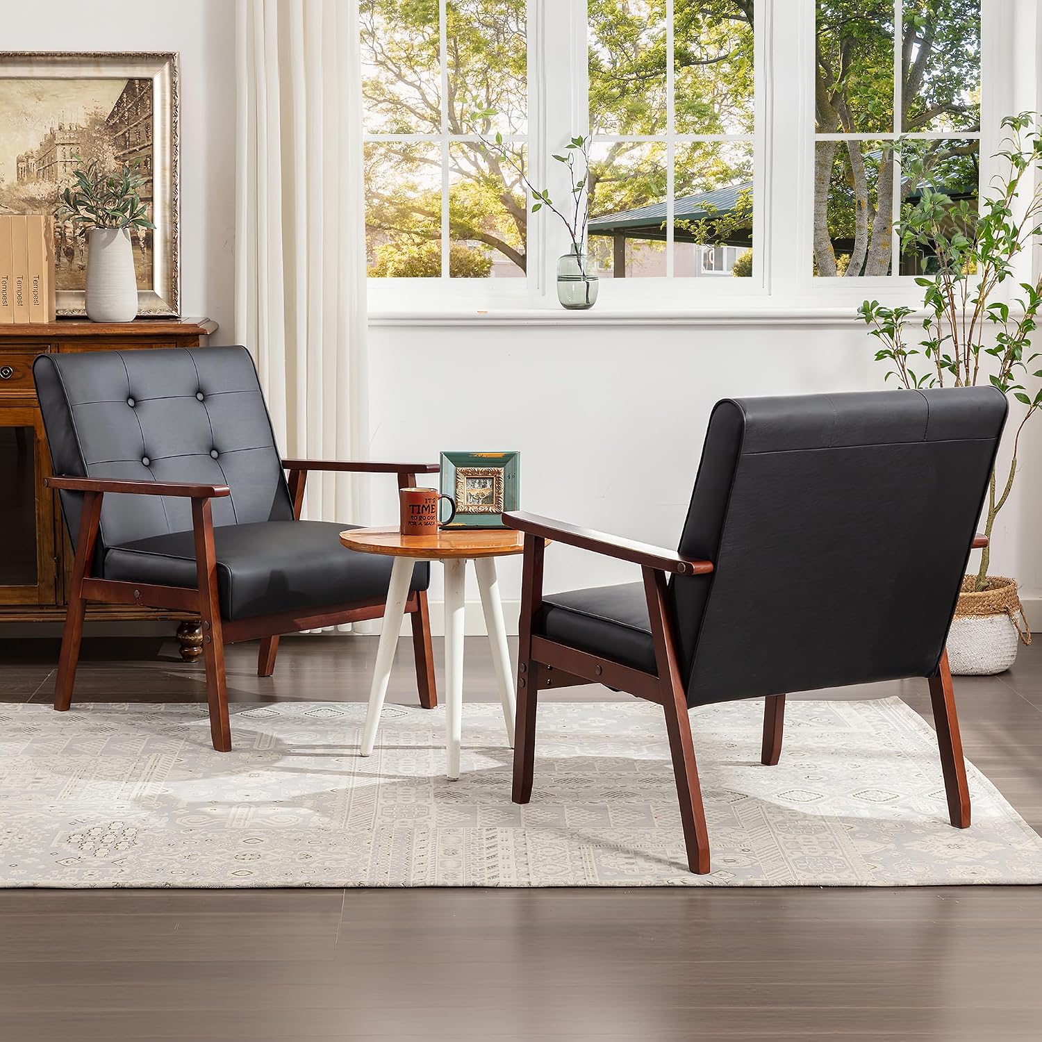 STHOUYN Accent Chairs Set of 2, Leather Chair with Wood Frame, Upholstered Tufted Comfy Reading Arm Chair, Mid-Century Modern Living Room Chair, Side Chairs for Living Room, Waiting Room, Office (2)