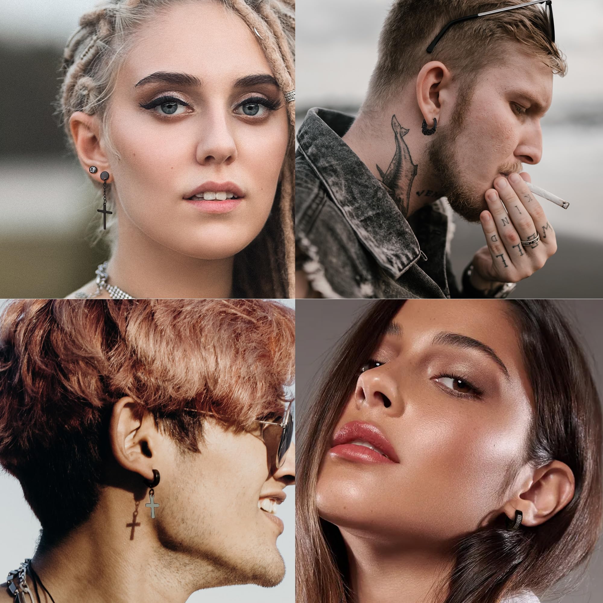 Dochais Orecchini Uomo Acciaio Inossidabile Orecchini a Cerchio Orecchini Pendenti con Croce Piercing Cartilage Zirconi Orecchini Set Punk Orecchino Nero per Uomo Donna