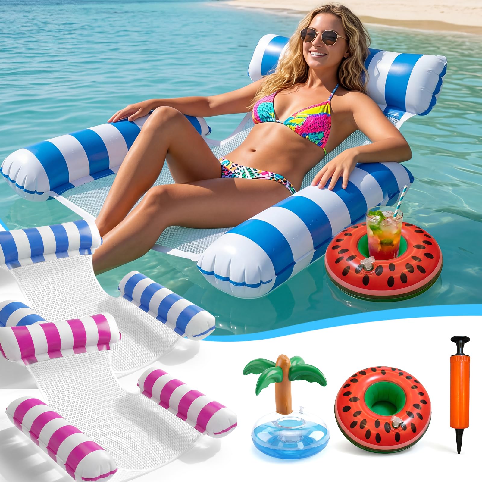 2 Pack Inflatable Pool Floats， Swimming Floats Water Hammock Pool Toys for Adults Kids With 2 Drink Holders and 1 Air Pump, Cool Mesh, 4 in 1 Pool Lounger Chair Seat Mattress for Beach Summer Holiday-picture-23