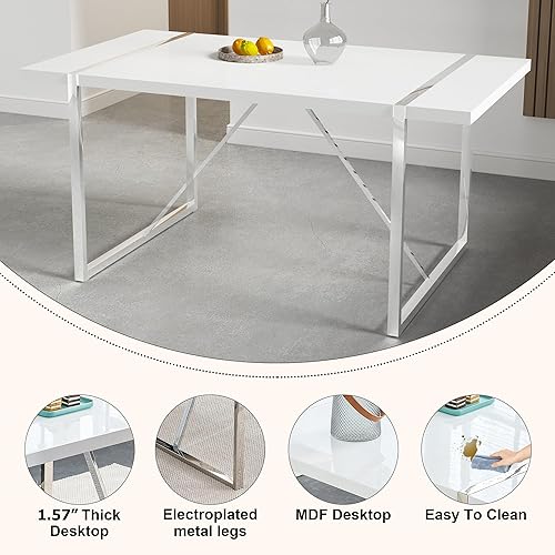 Miniatura 4 de Juego de mesa de comedor para 6, moderno juego de mesa de comedor rectangular, mesa de cocina blanca de 55 pulgadas con 6 sillas de comedor de cuero