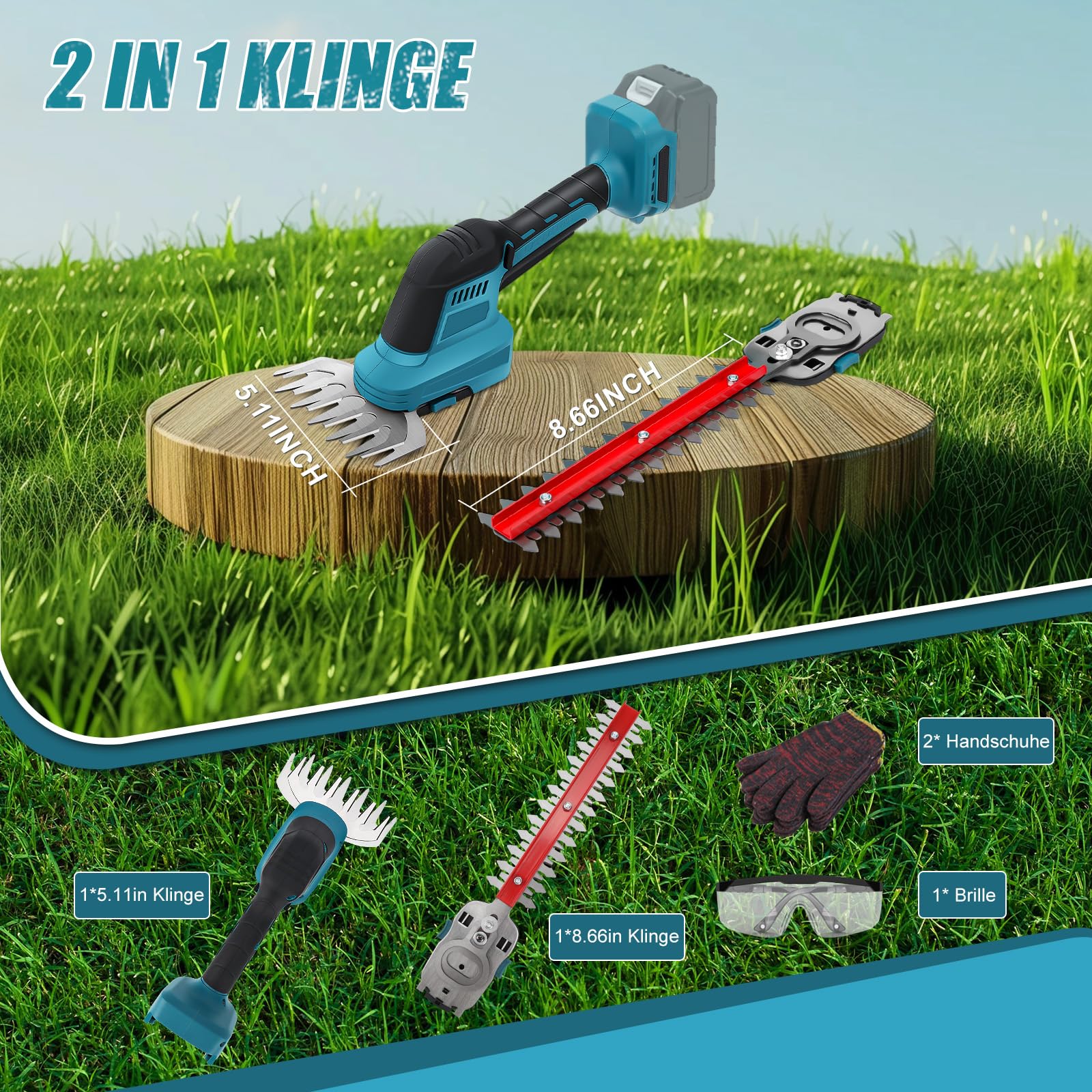 2 IN 1 Akku-Heckenschere, Elektrische Gartenschere mit Strauch- und Grasscherenmesser (Ohne Akku)