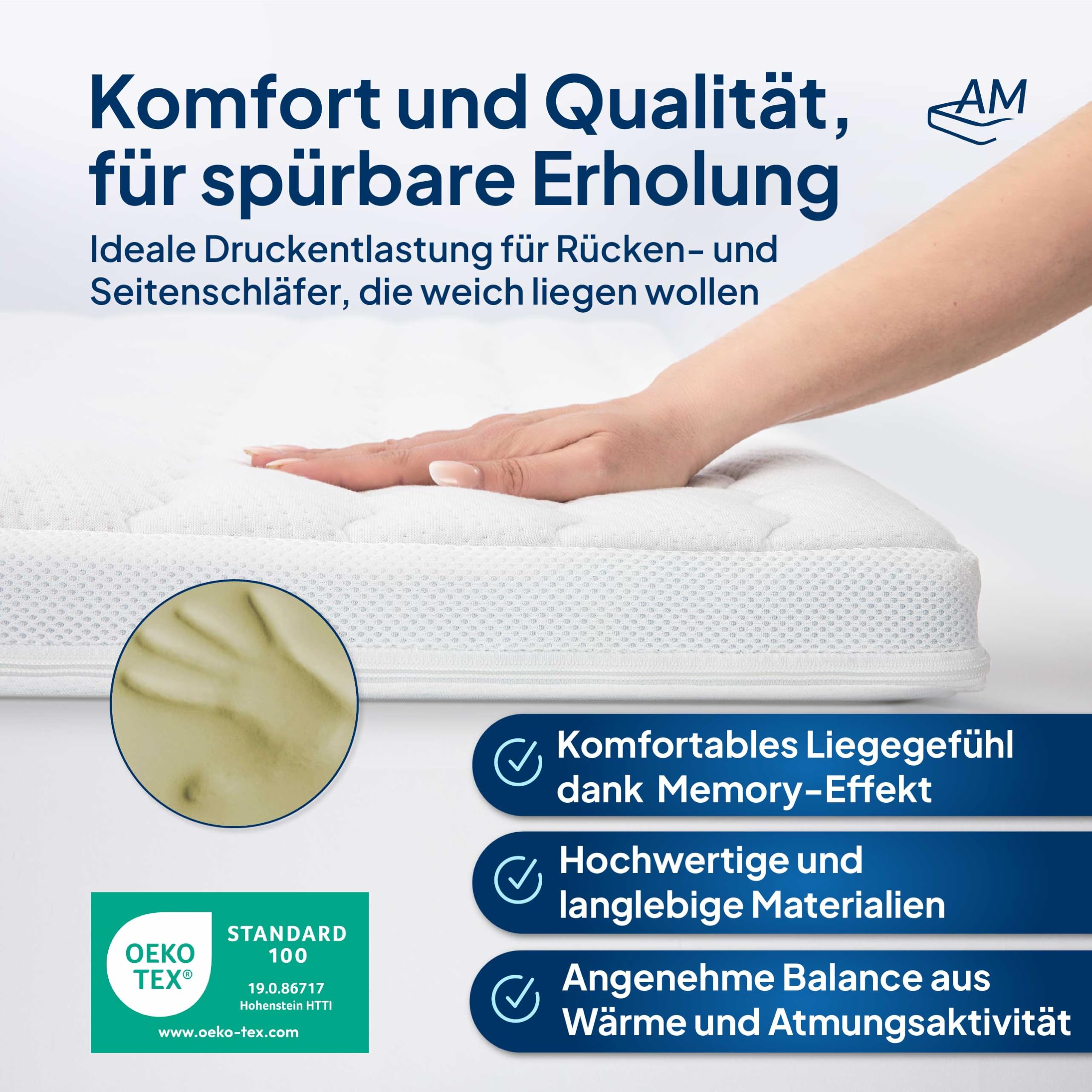 AM Qualitätsmatratzen Visco Topper 90x200cm H2 - Made in Germany - Oeko TEX zertfizierter Memory Foam Topper 90x200 mit Lyocell Bezug - Druckentlastende & viscoelastische Matratzenauflage 90x200