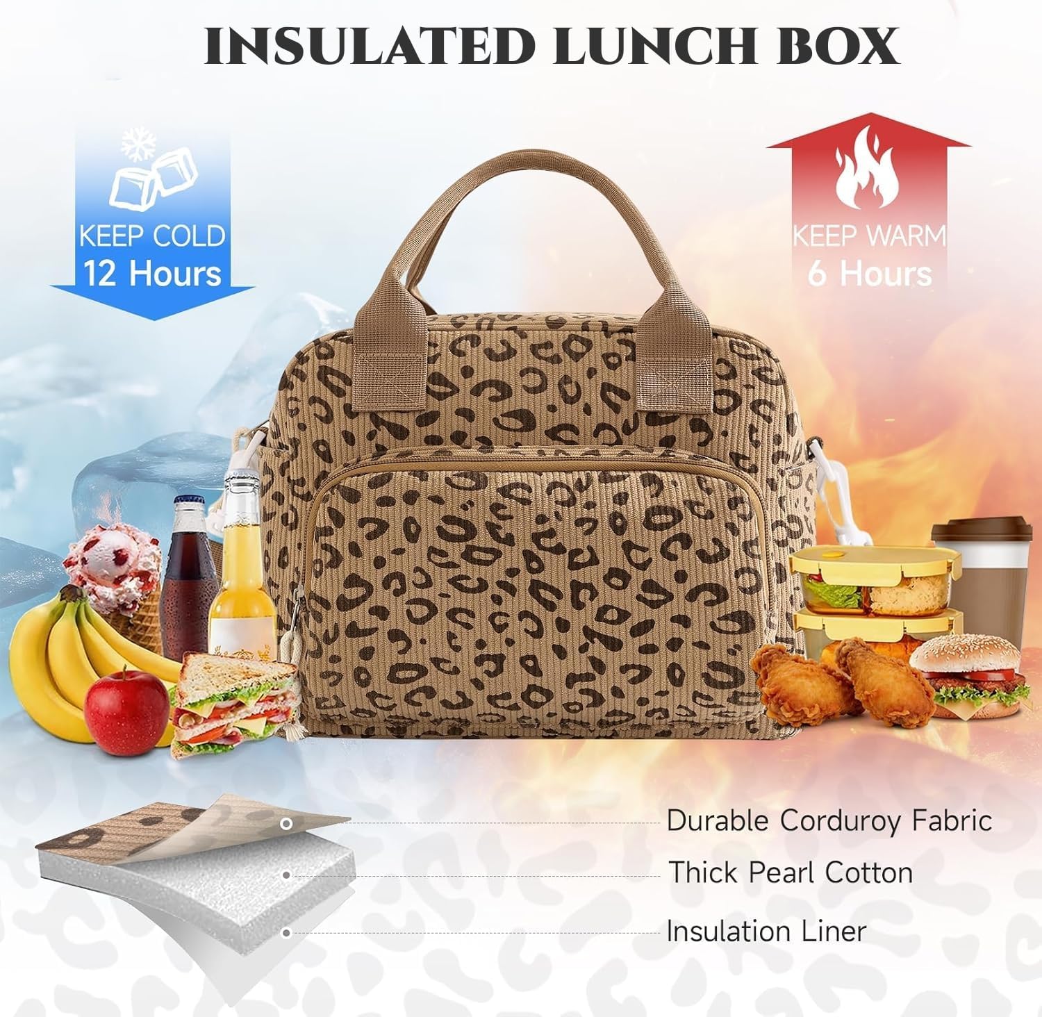 DOB SECHS Large Corduroy Lunch Bag for Women Cute Cherry Insulated Lunch Box with Bottle Holder Adjustable Crossbody Strap Tote Hand Bag for Work Picnic Camping Travel, Reusable Lunch Boxes for Adult