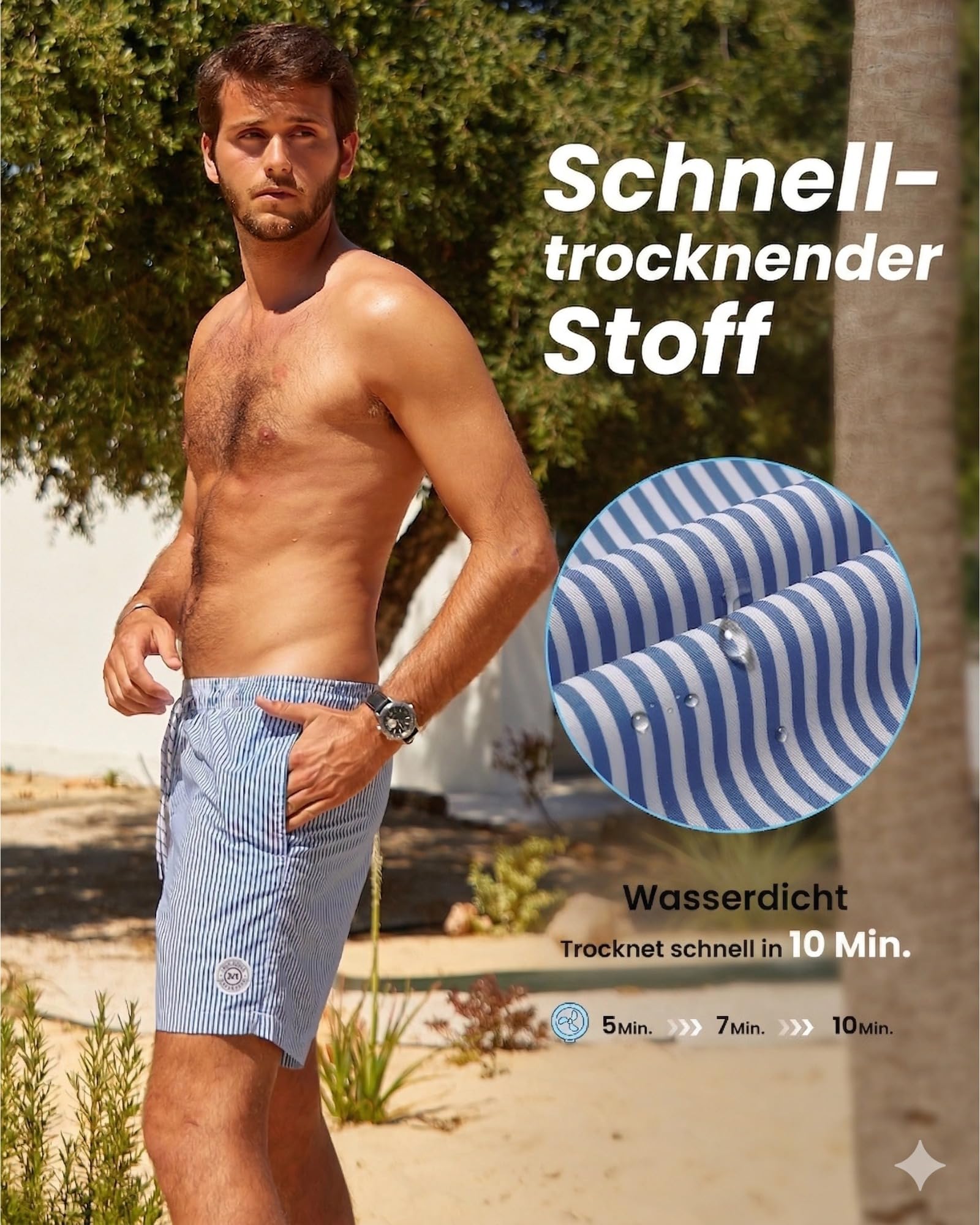 MaaMgic Badehose Herren Badeshorts Männer 18cm Innenlänge Badehosen Für Herren Schnelltrocknend Boardshorts Surfen Strandhose Mit Mesh-Futter Blau Gestreift S