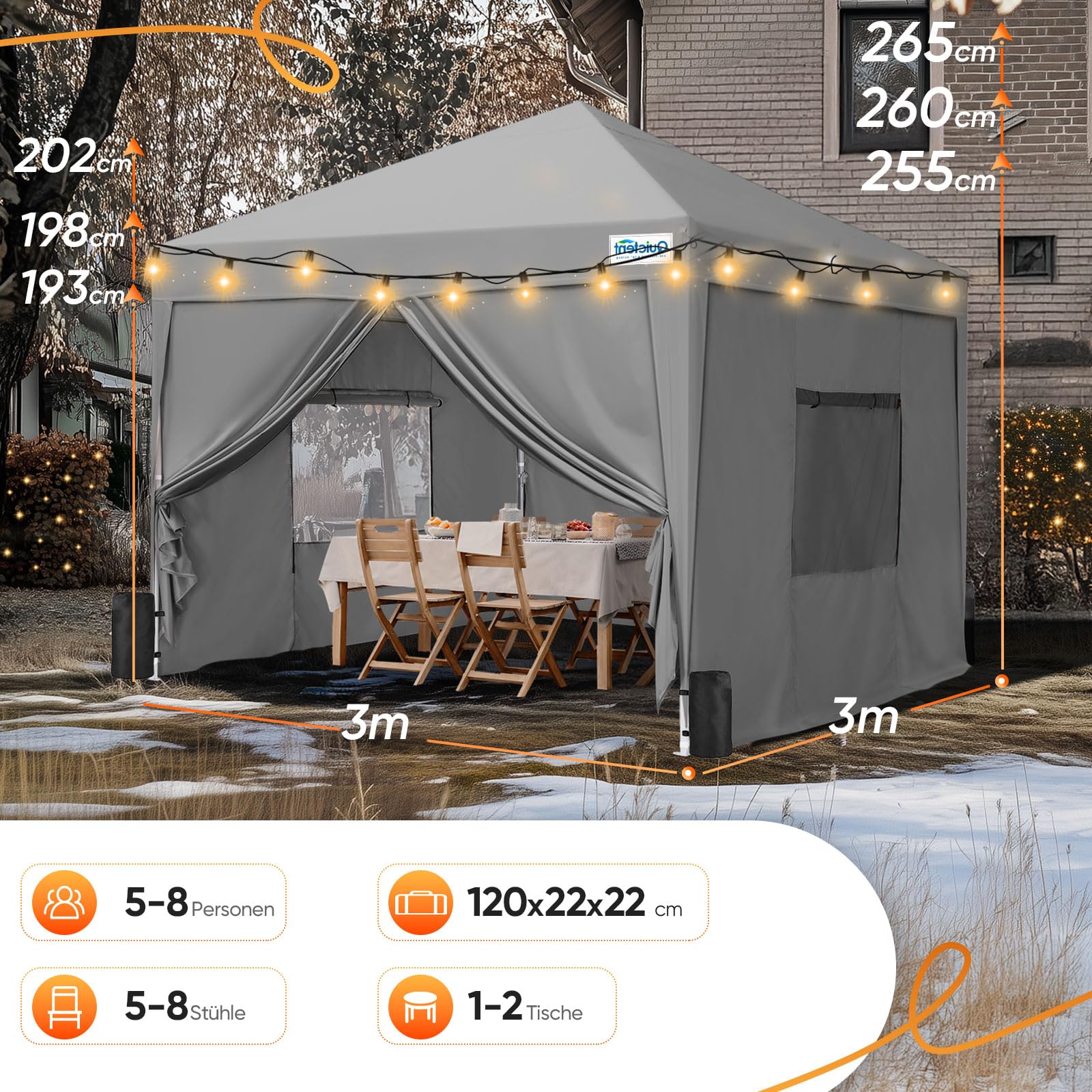 Quictent Faltpavillon 3x3m wasserdicht | Pop-Up Pavillon, Gartenpavillon, stabil, winterfest, mit Seitenwänden, UV-Schutz 50+, Tragetasche inkl, Stahlrahmen